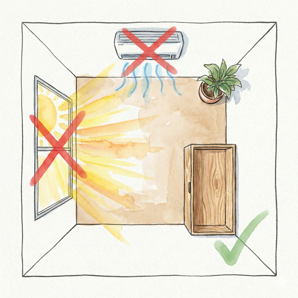 Diagram showing a wooden box positioned away from direct sunlight and air conditioning vents