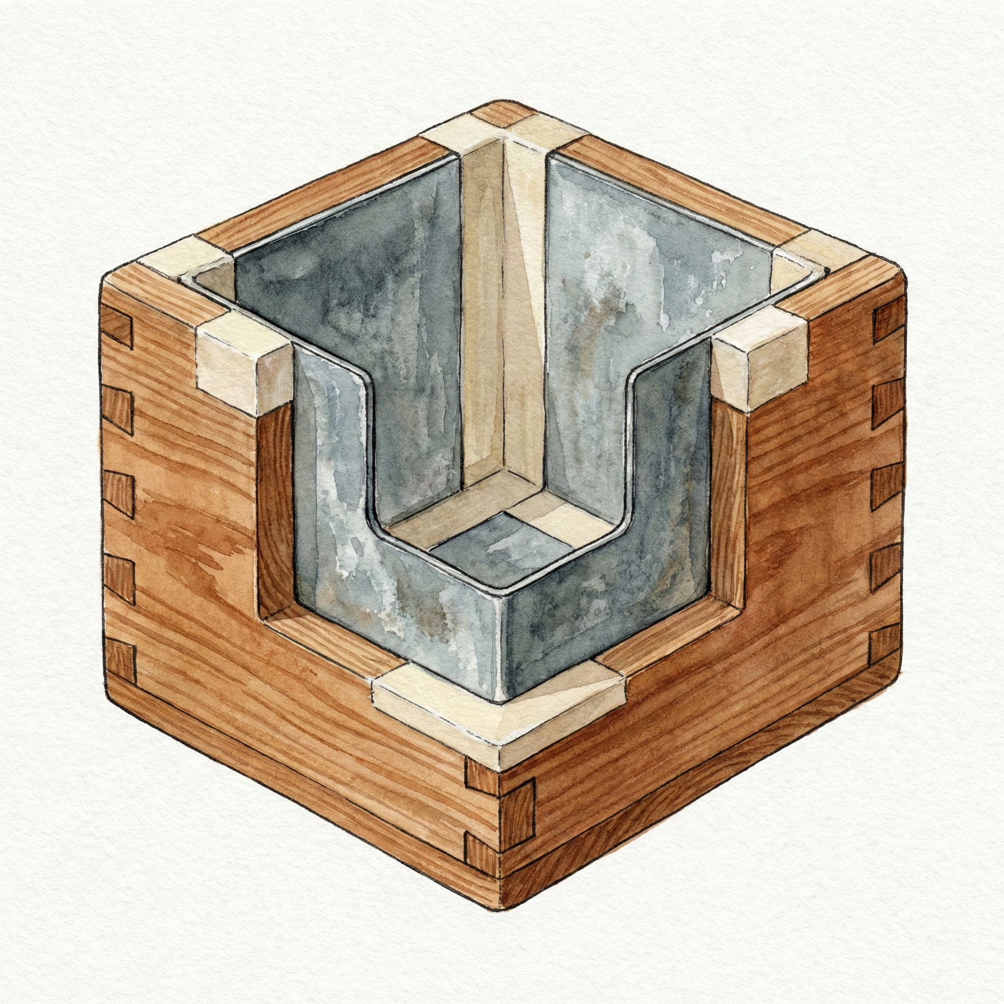 Cross-section illustration of a chabako showing the cedar outer shell, galvanized tin interior, and washi sealing