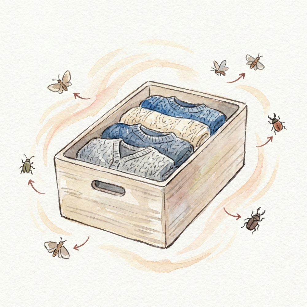 Illustration of insects avoiding a paulownia box containing a sweater