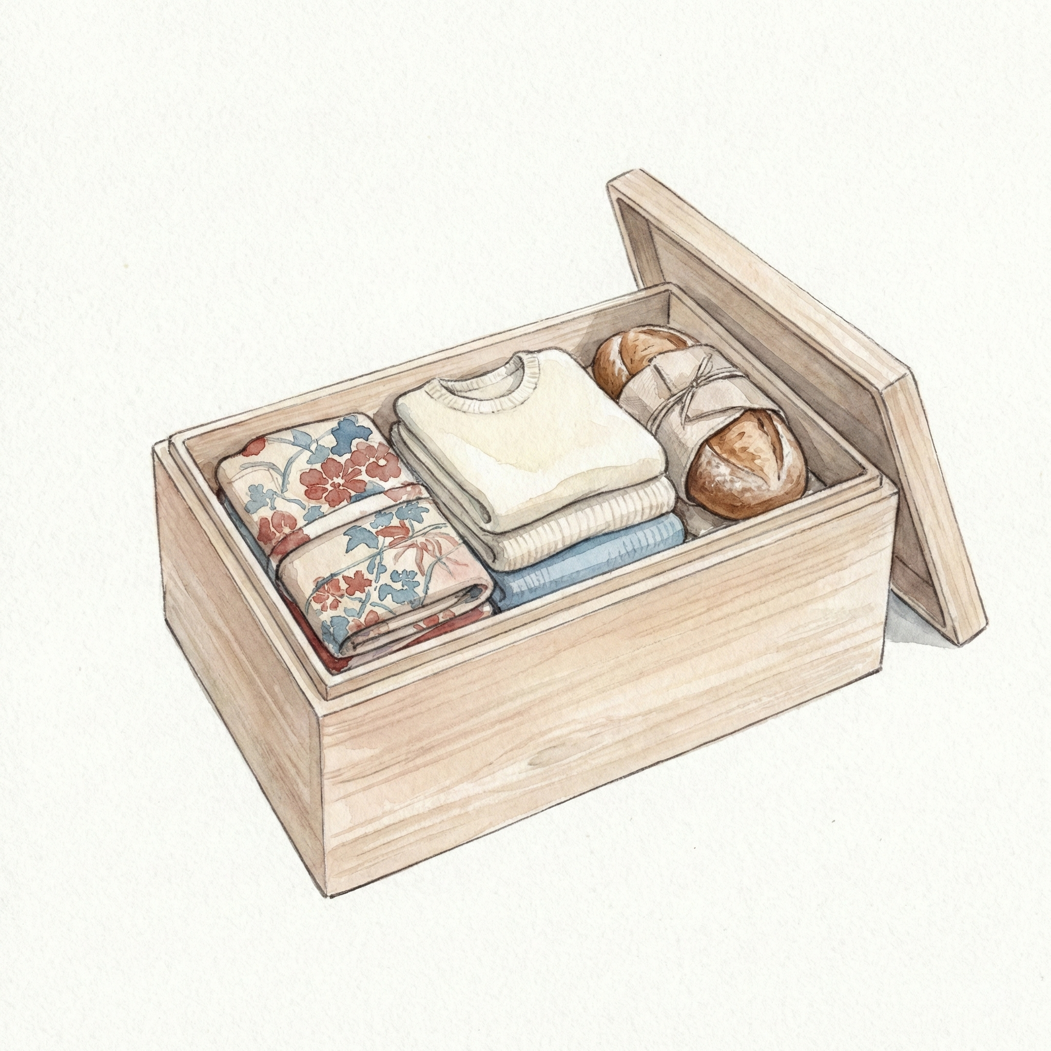 Illustration of a paulownia box storing folded sweaters, kimono, or bread