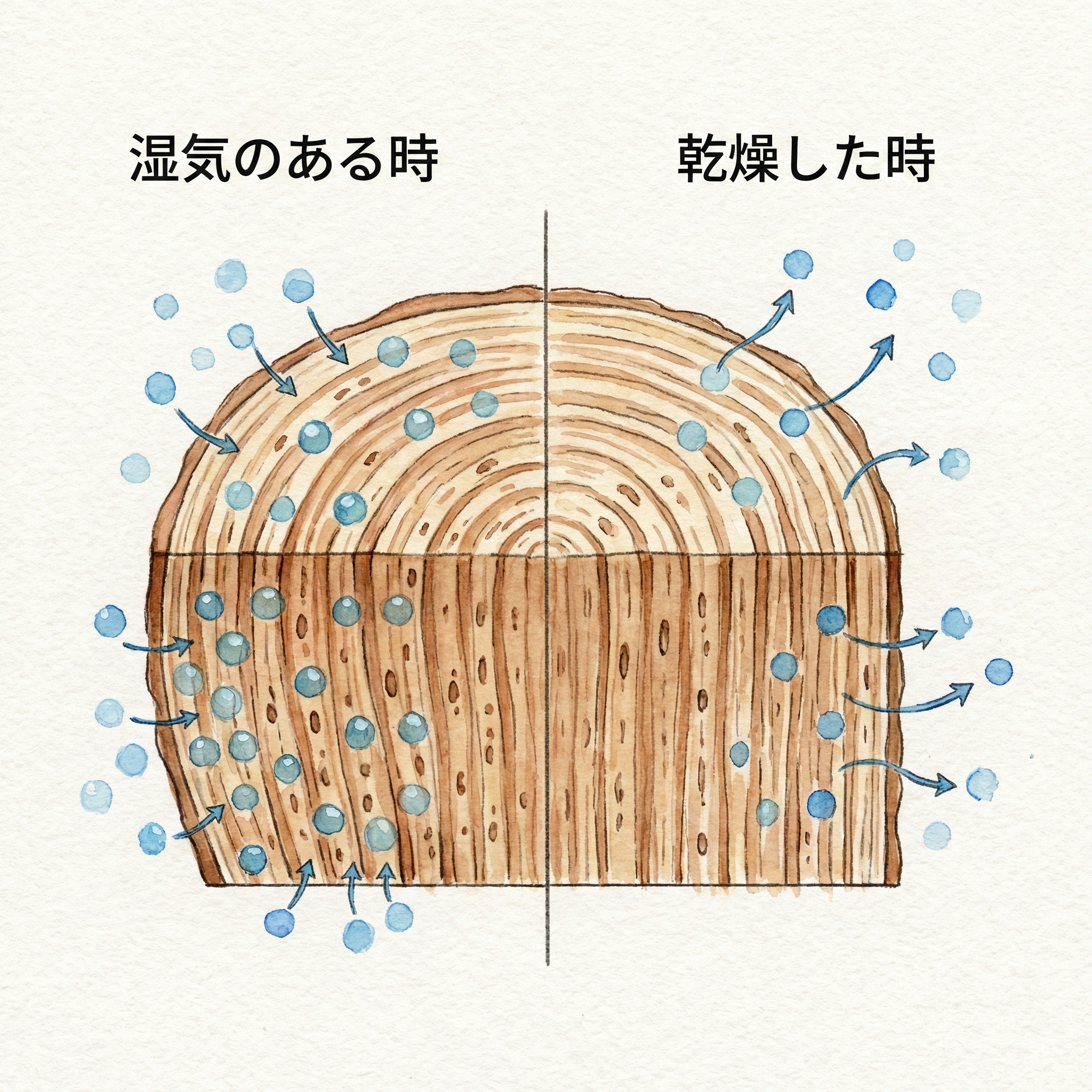 Illustration showing wood grain absorbing and releasing moisture, keeping the interior environment stable
