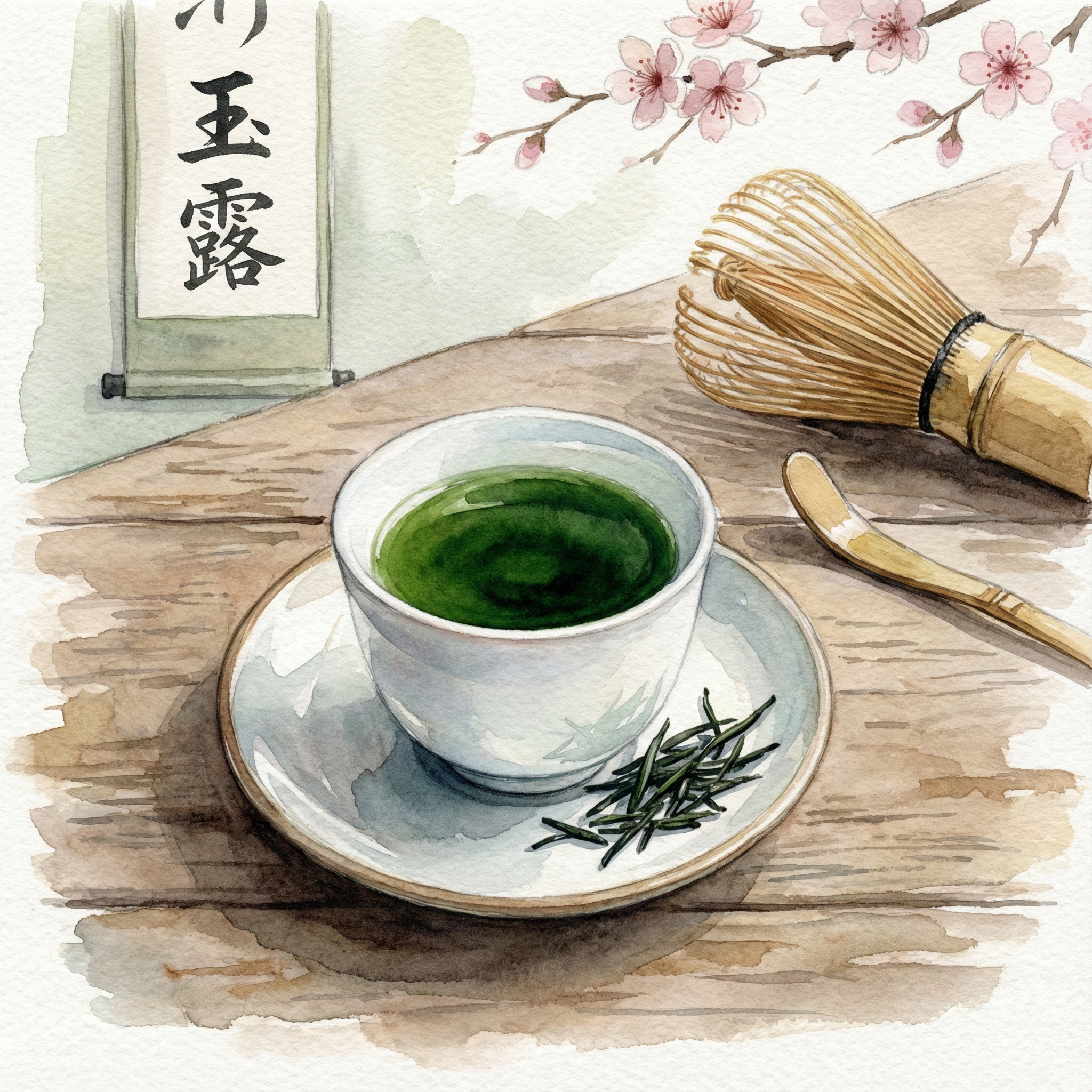A few drops of intensely concentrated gyokuro tea with fine ceramics