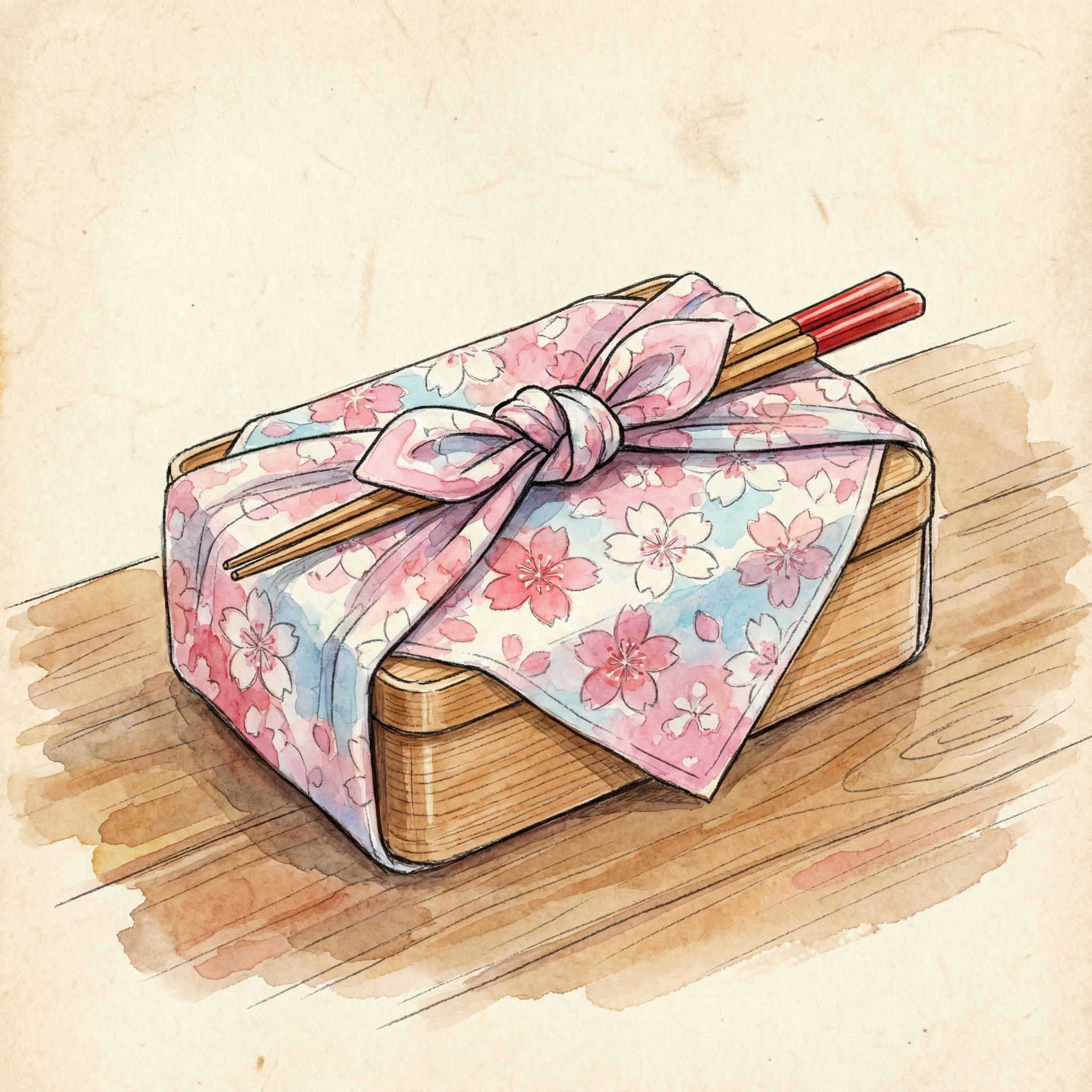 Illustration of a bento box wrapped neatly in a patterned tenugui