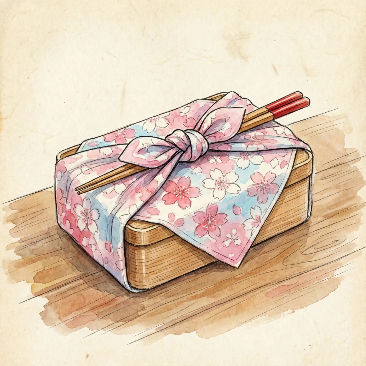 Illustration of a bento box wrapped neatly in a patterned tenugui