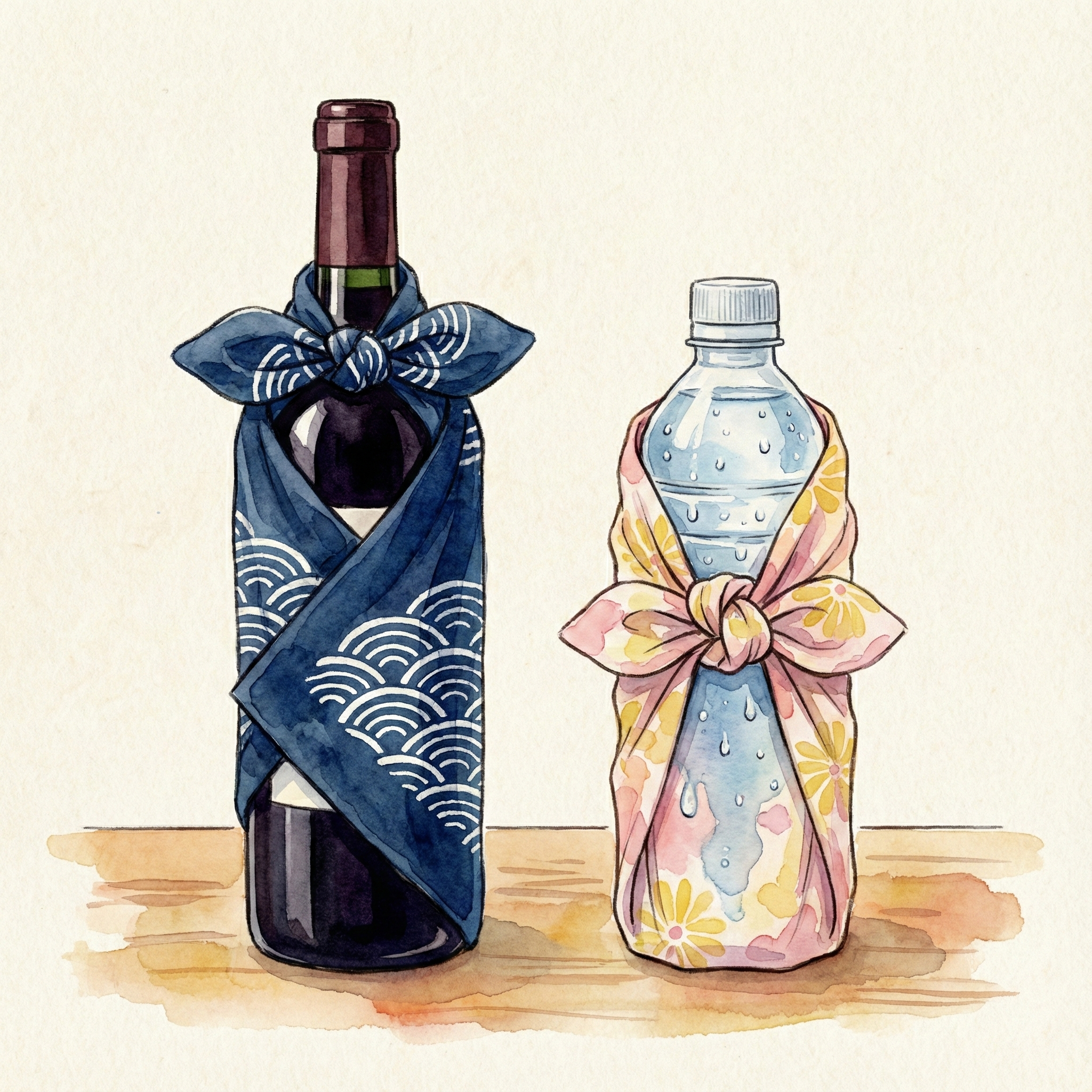 Illustration of a wine bottle wrapped elegantly in a patterned tenugui