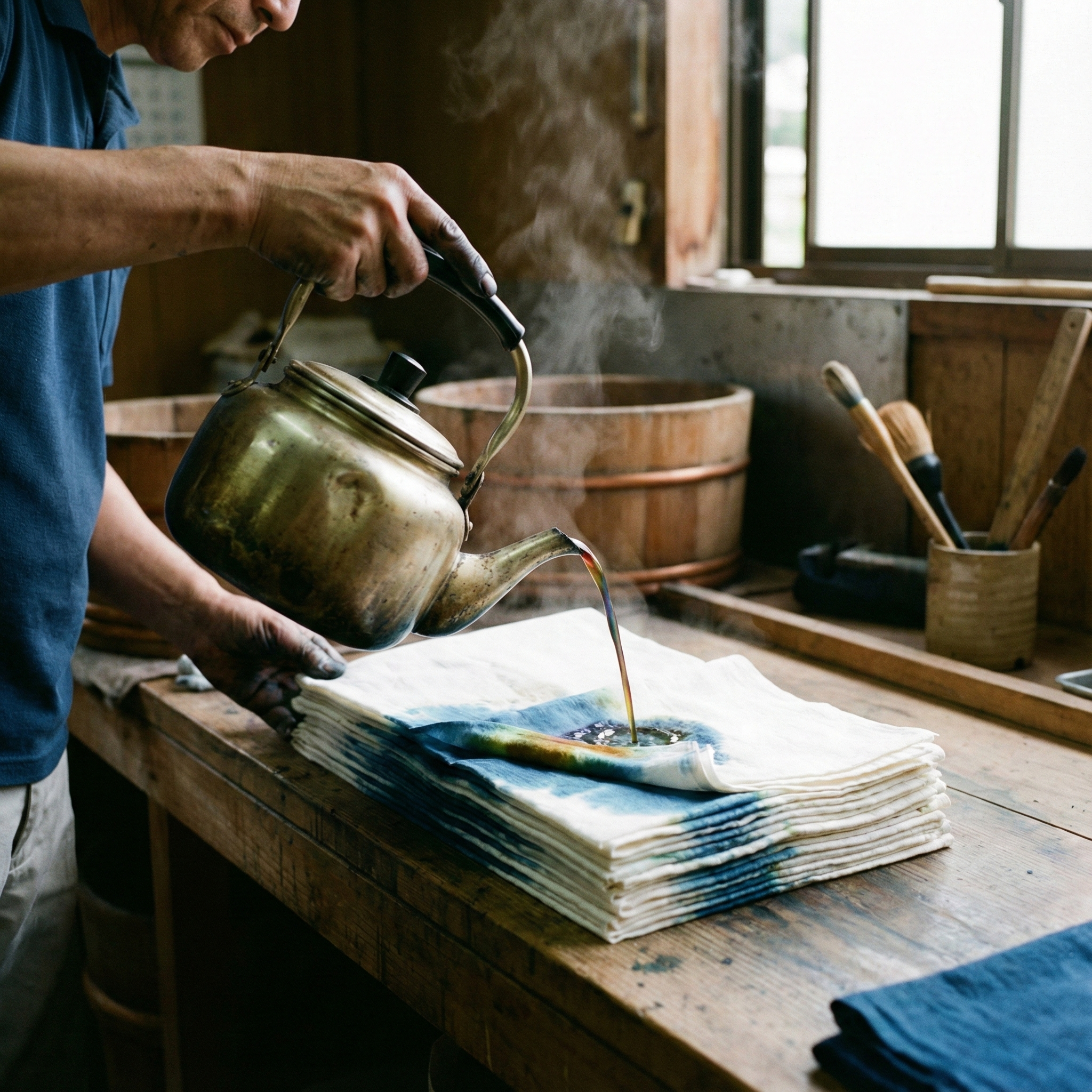 Craftsperson pouring dye from above through stacked layers of cloth — the chusen hand-dyeing process