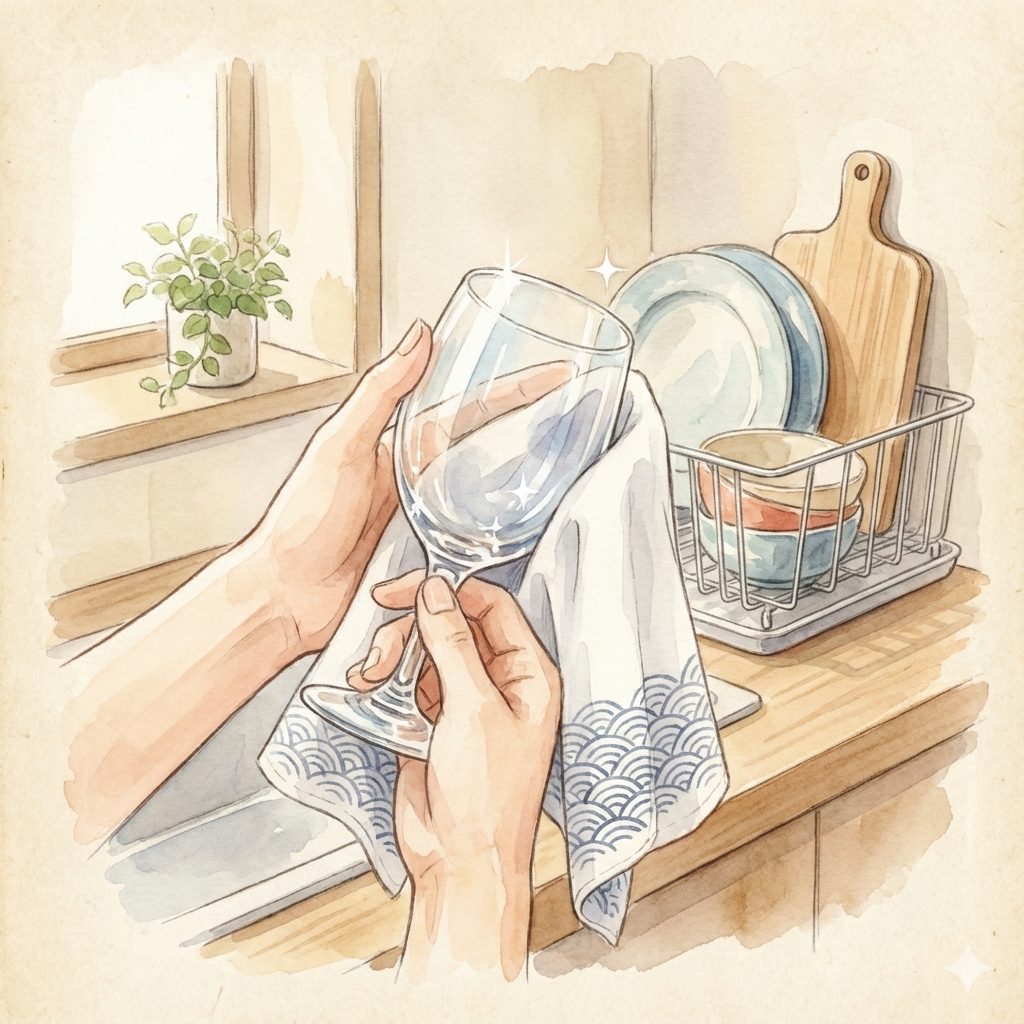 Illustration of a tenugui polishing a glass to a streak-free shine