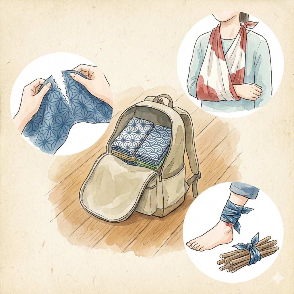 Illustration showing multiple emergency uses for a tenugui including as a bandage and sling