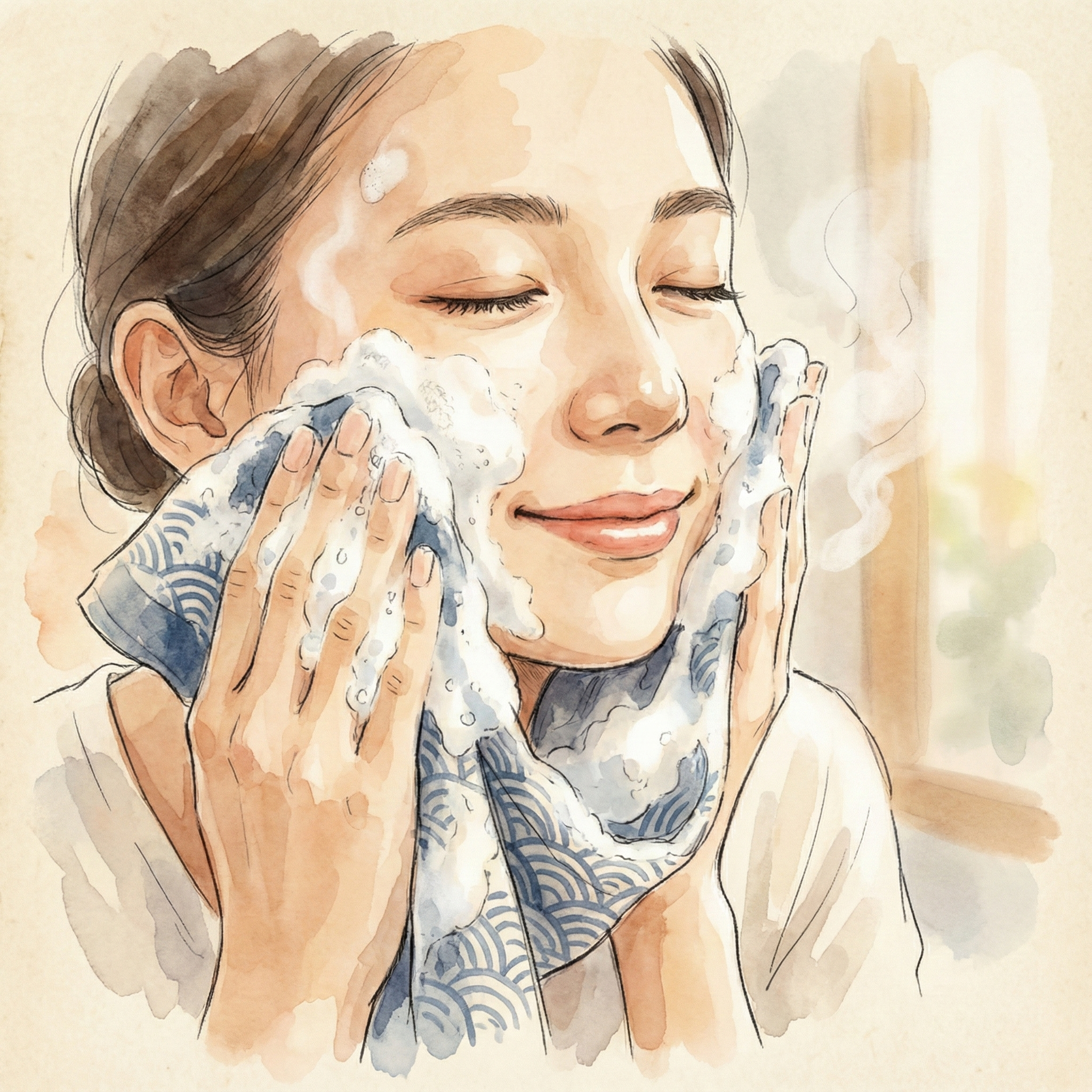 Illustration of a lathered tenugui being used gently for face washing