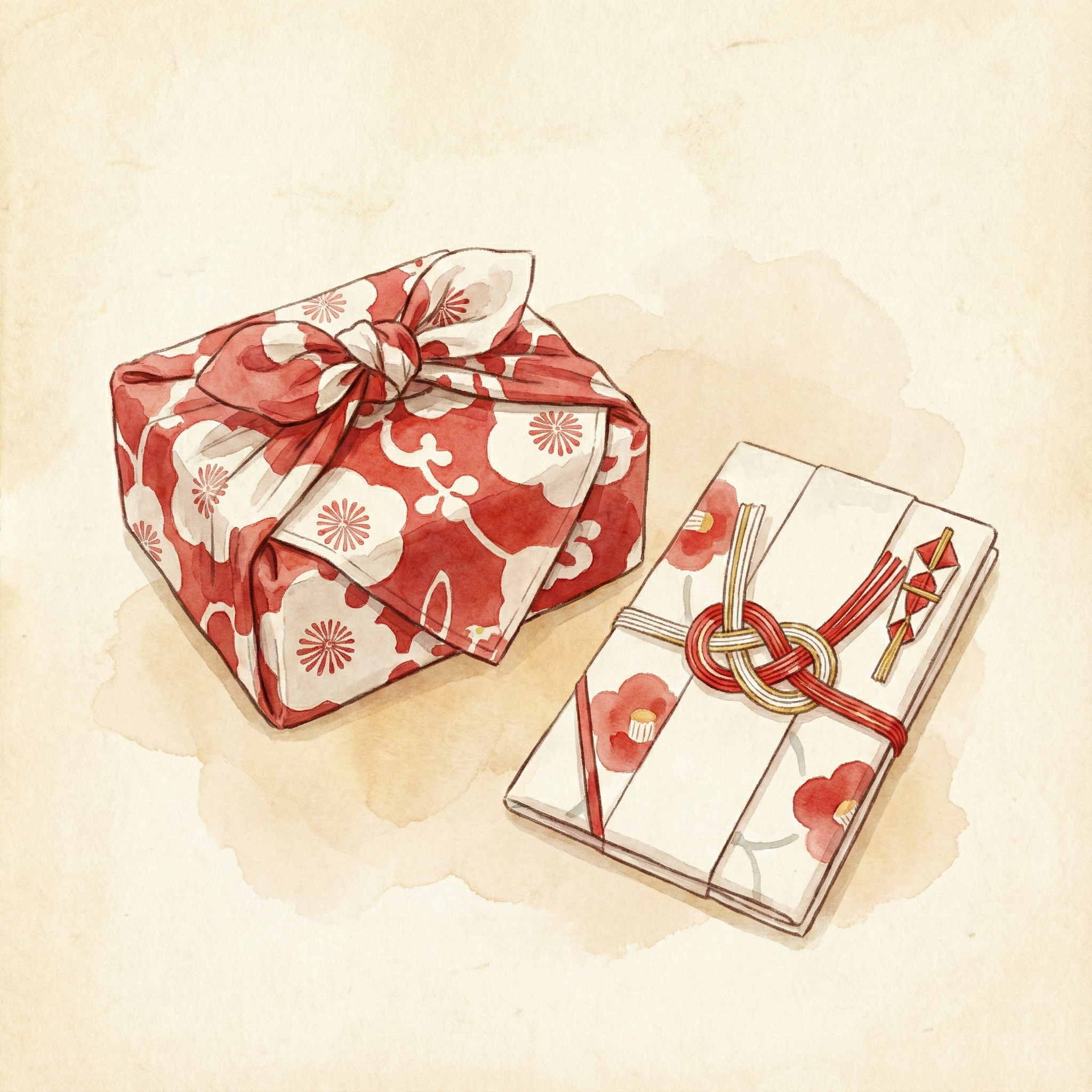 Illustration of a gift box wrapped in tenugui with a bow knot