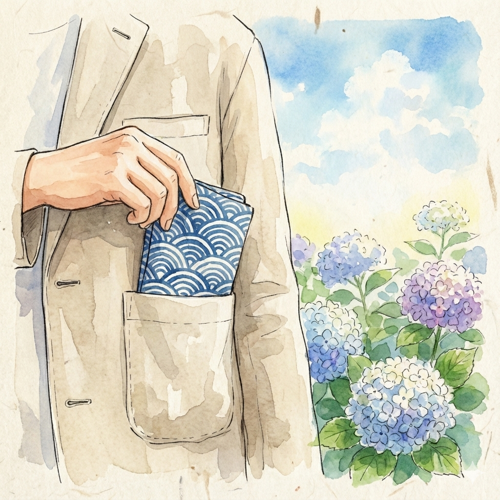 Illustration of a folded tenugui being used as a handkerchief