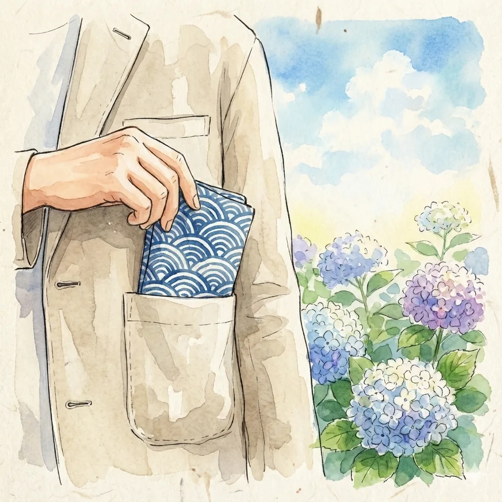 Illustration of a folded tenugui being used as a handkerchief
