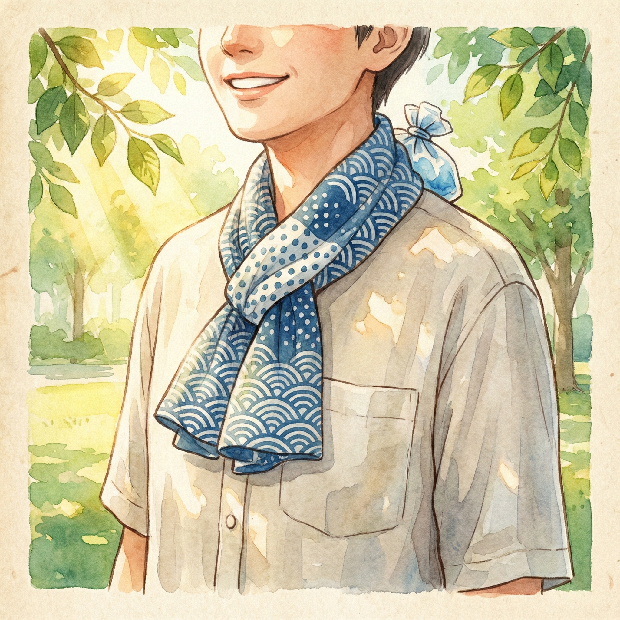 Illustration of a tenugui worn loosely around the neck as a scarf