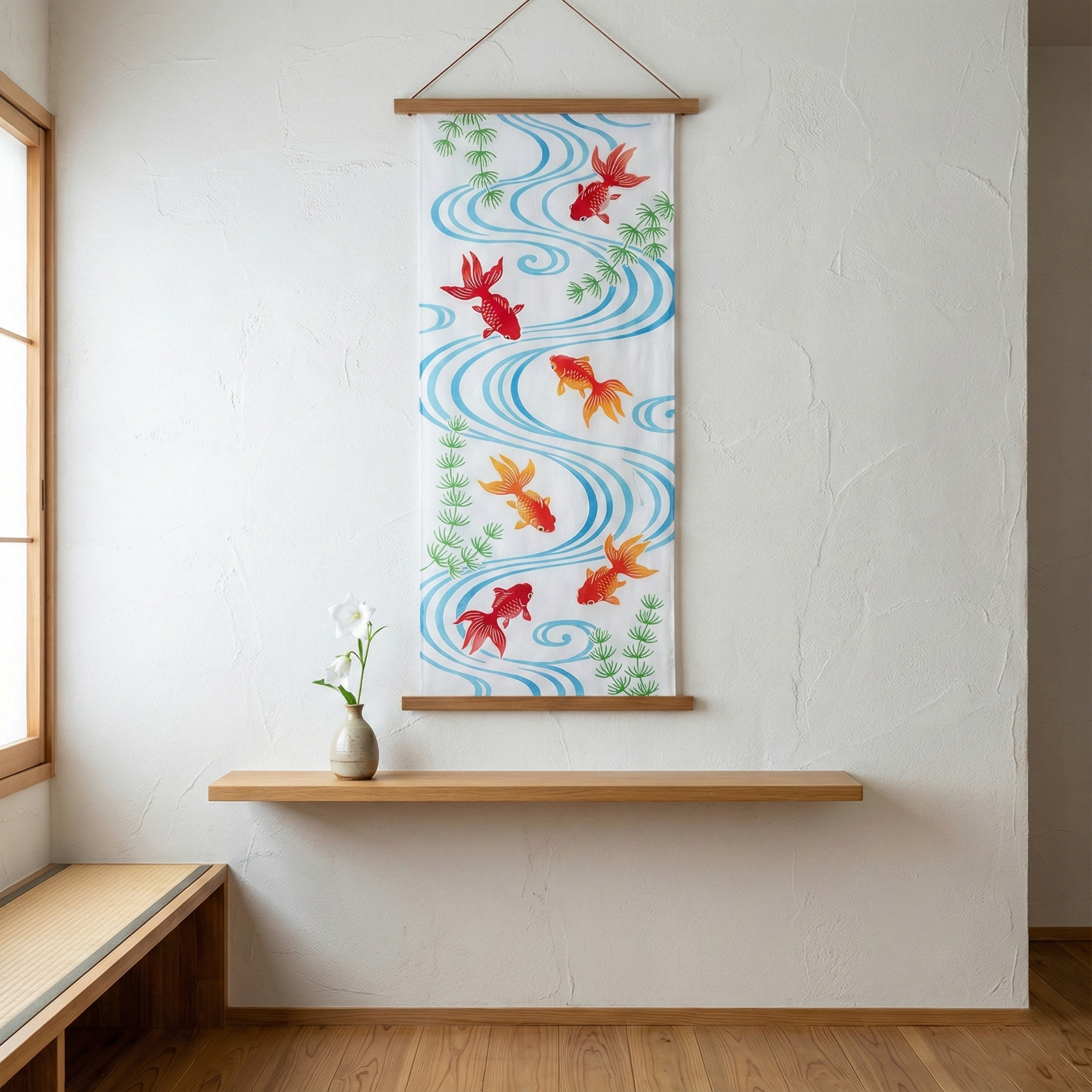 A seasonal pattern tenugui hung as a tapestry on a living room wall using a wooden display rod