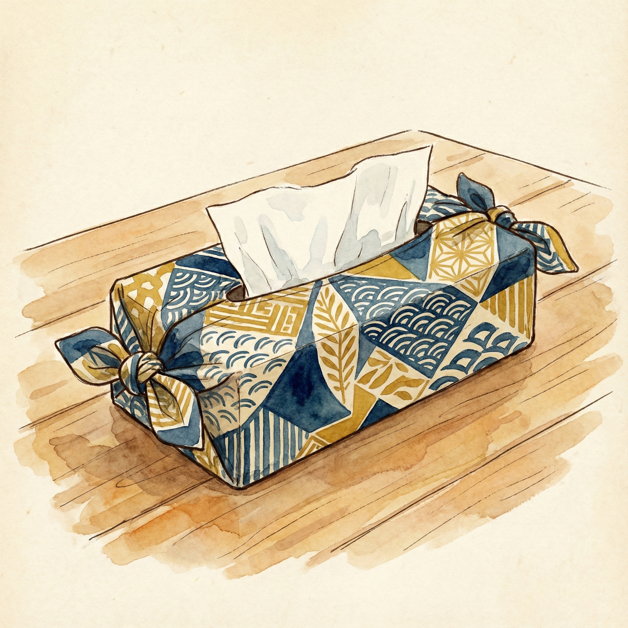 Illustration of a tissue box wrapped in a tenugui as a decorative cover