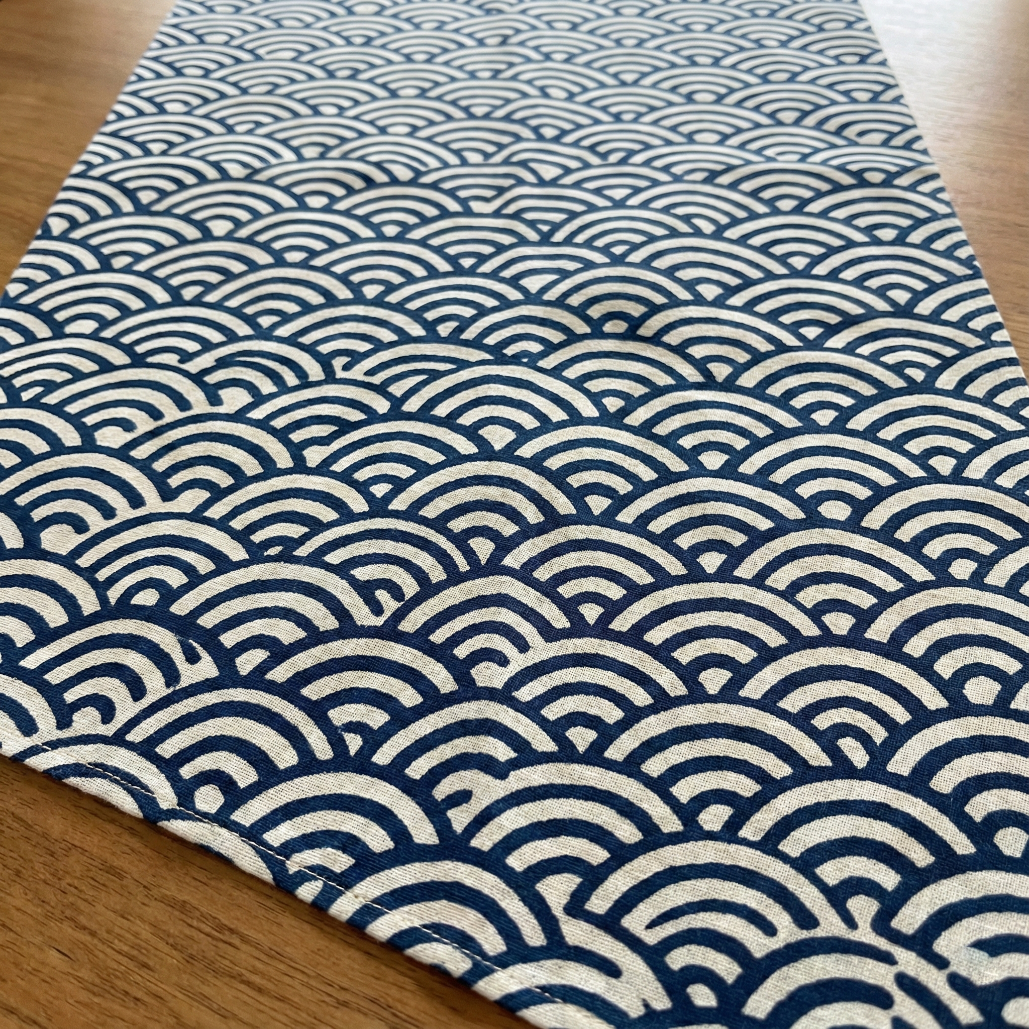 Tenugui with a seigaiha (blue ocean wave) pattern in blue and white — a refreshing, auspicious design