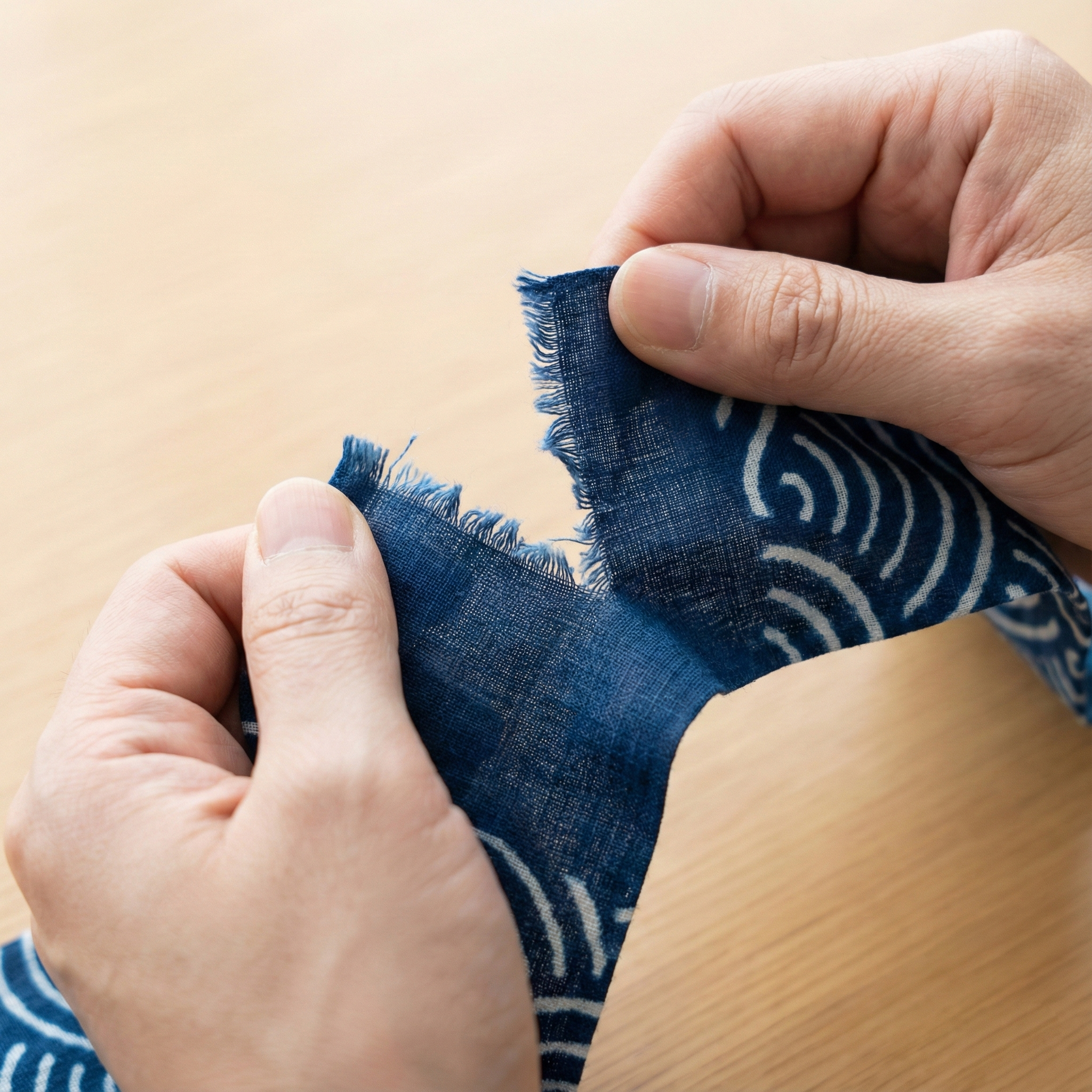 Hands tearing a tenugui lengthwise to create a bandage or cord — showing the practical utility of unhemmed edges