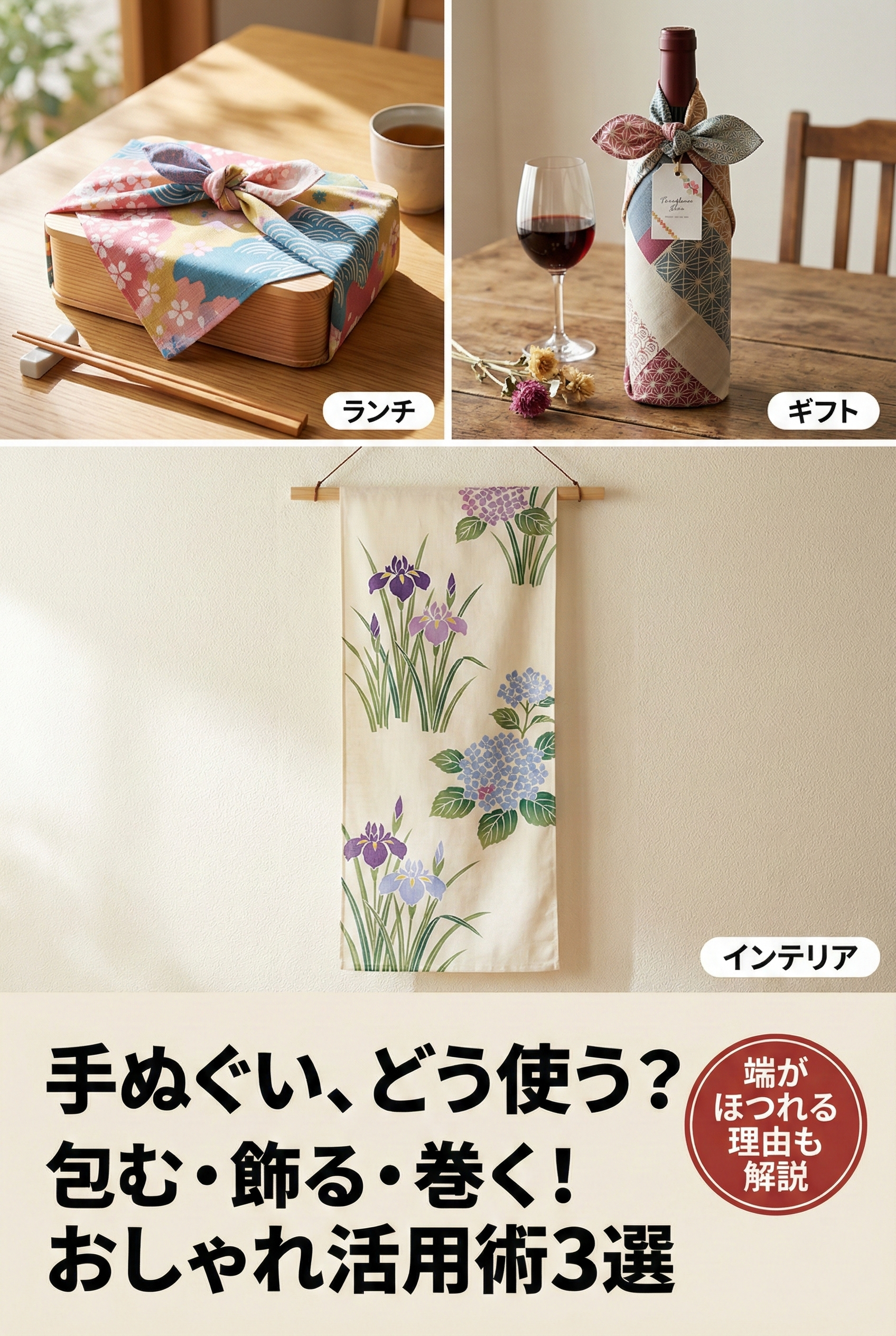 Well-used tenugui cloths folded neatly in a basket — soft, slightly faded, and improved by age