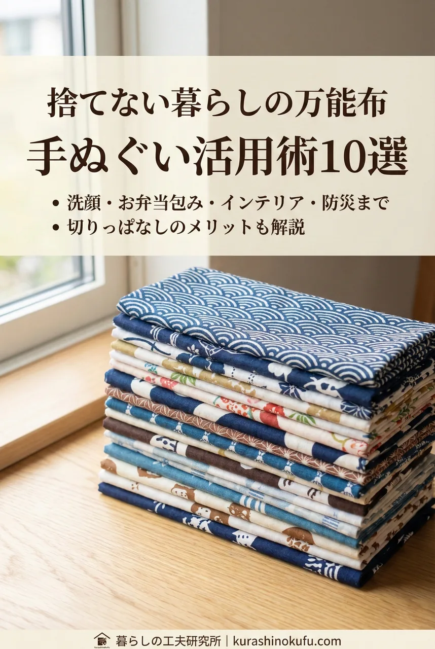 A collection of folded tenugui in various patterns arranged together