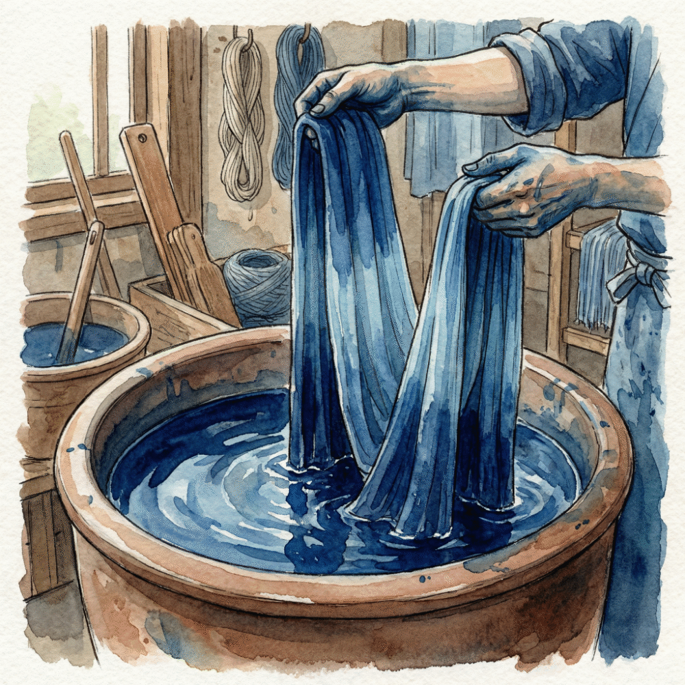 Illustration of hands submerging cloth in a tall indigo fermentation vat, with vibrant Japan Blue fabric emerging