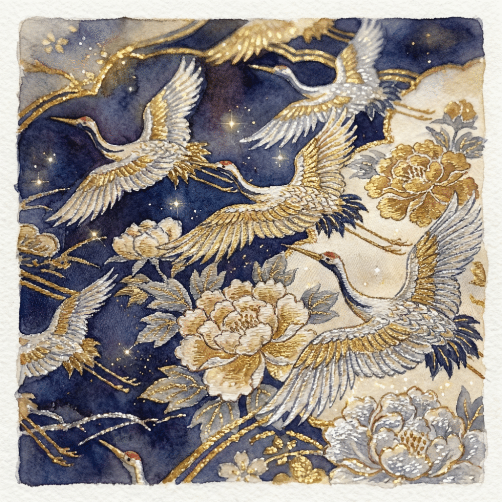 Illustration of a richly woven Nishijin obi belt incorporating gold and silver threads, alongside the intricate loom that creates it