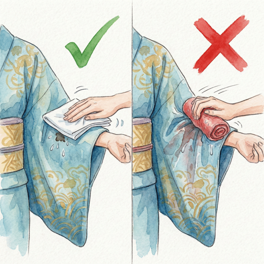 Illustration of the correct technique for blotting a stain from kimono fabric — pressing gently with a dry cloth rather than scrubbing