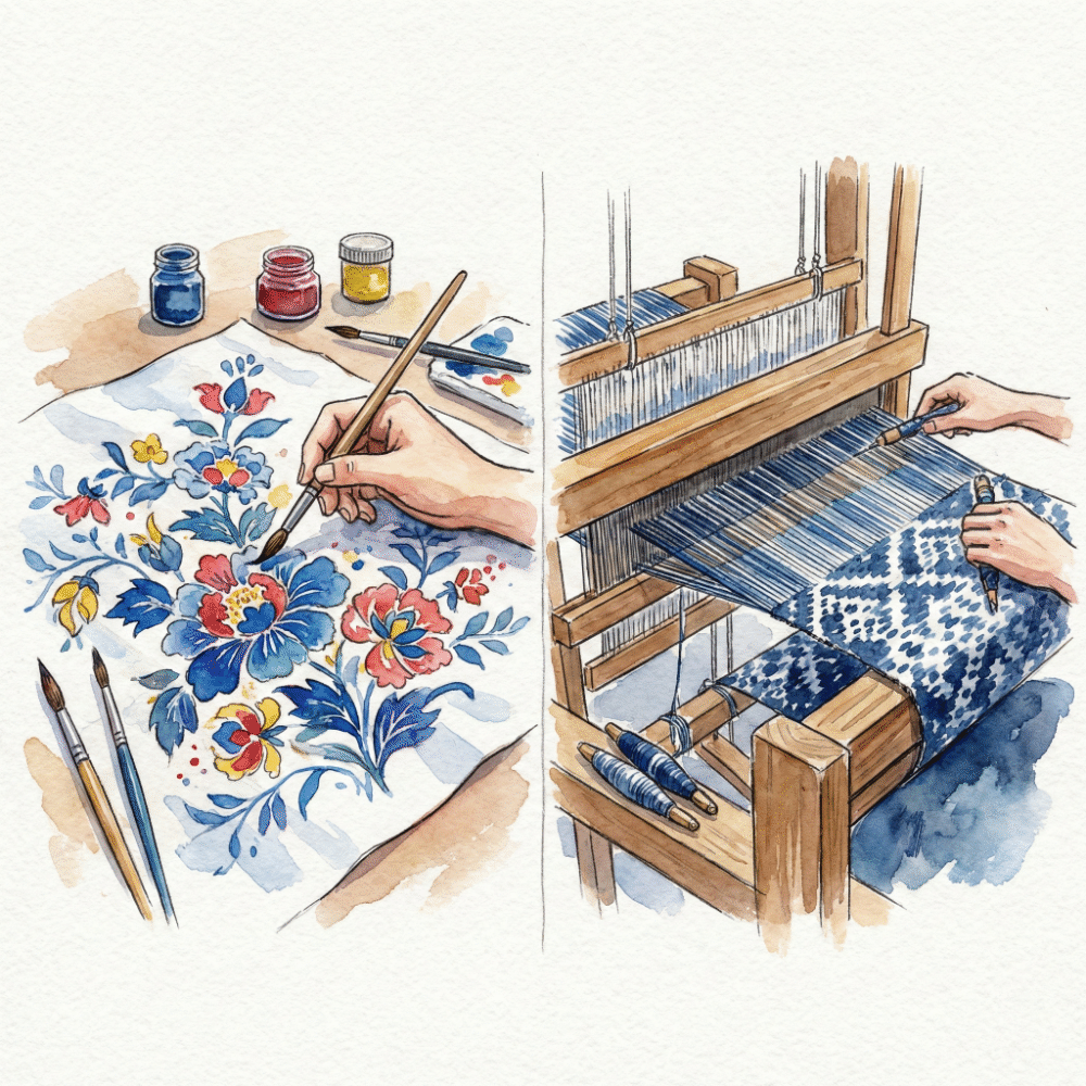 Illustration comparing post-dyeing (painting pattern onto woven white cloth) and pre-dyeing (weaving pattern from pre-dyed threads)