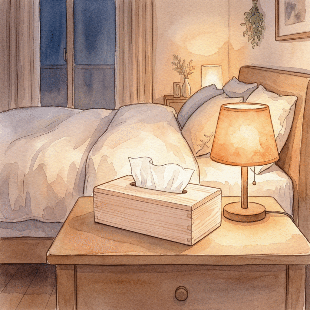 Hinoki tissue cover on a bedroom side table with soft lighting
