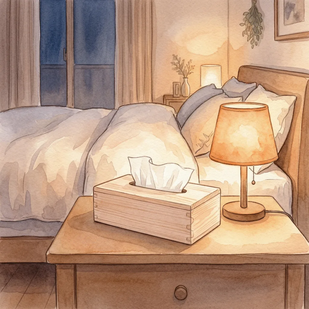 Hinoki tissue cover on a bedroom side table with soft lighting