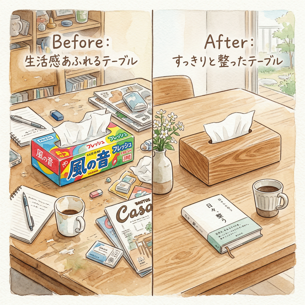 Table comparison: plain tissue box on the left, wooden tissue cover on the right