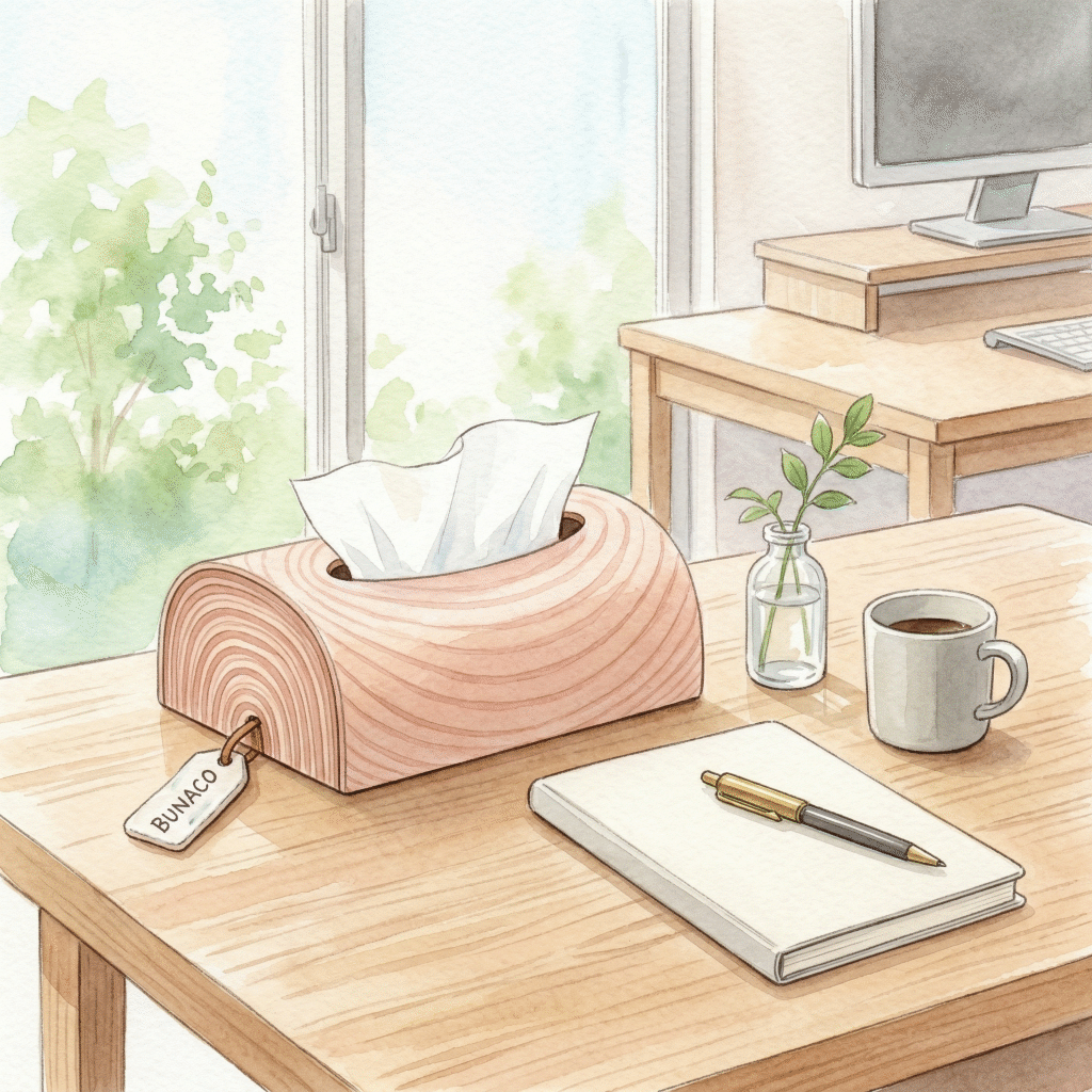 Slim beech tissue cover on a desk with minimal workspace