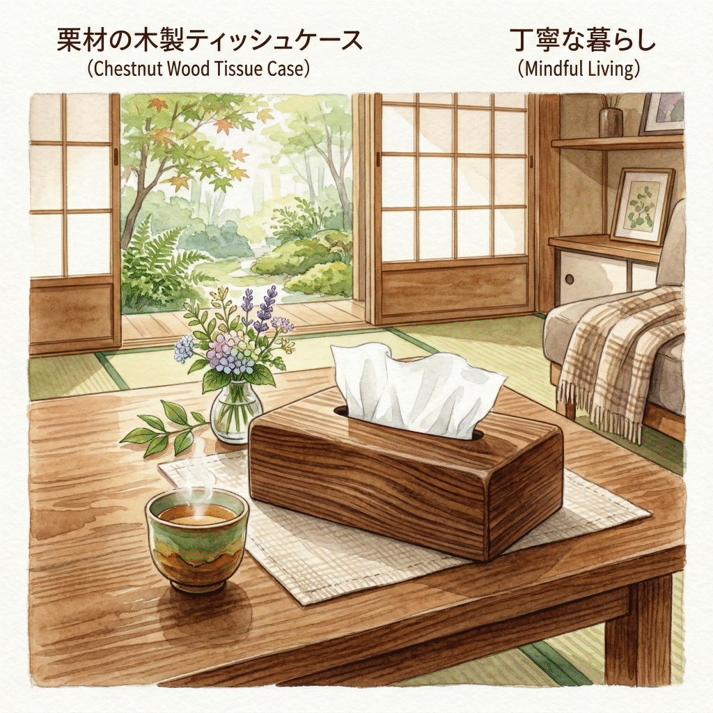 Chestnut wood tissue cover on a living room coffee table