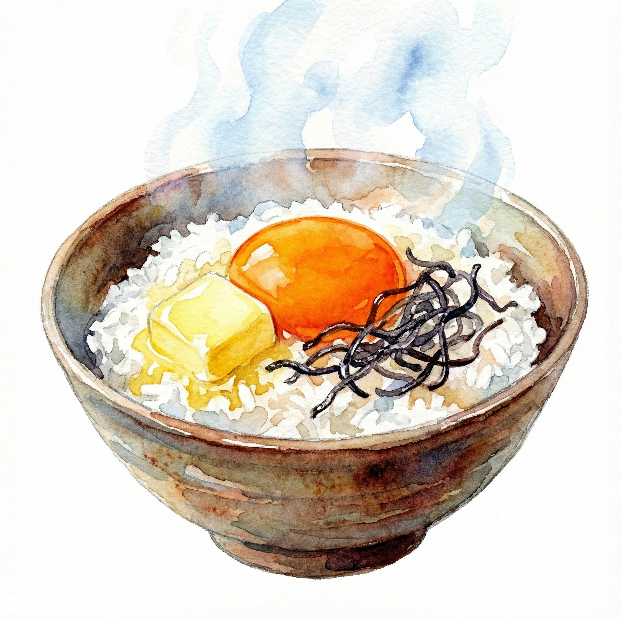 Illustration of an upgraded TKG bowl with butter, salted kelp, and other toppings