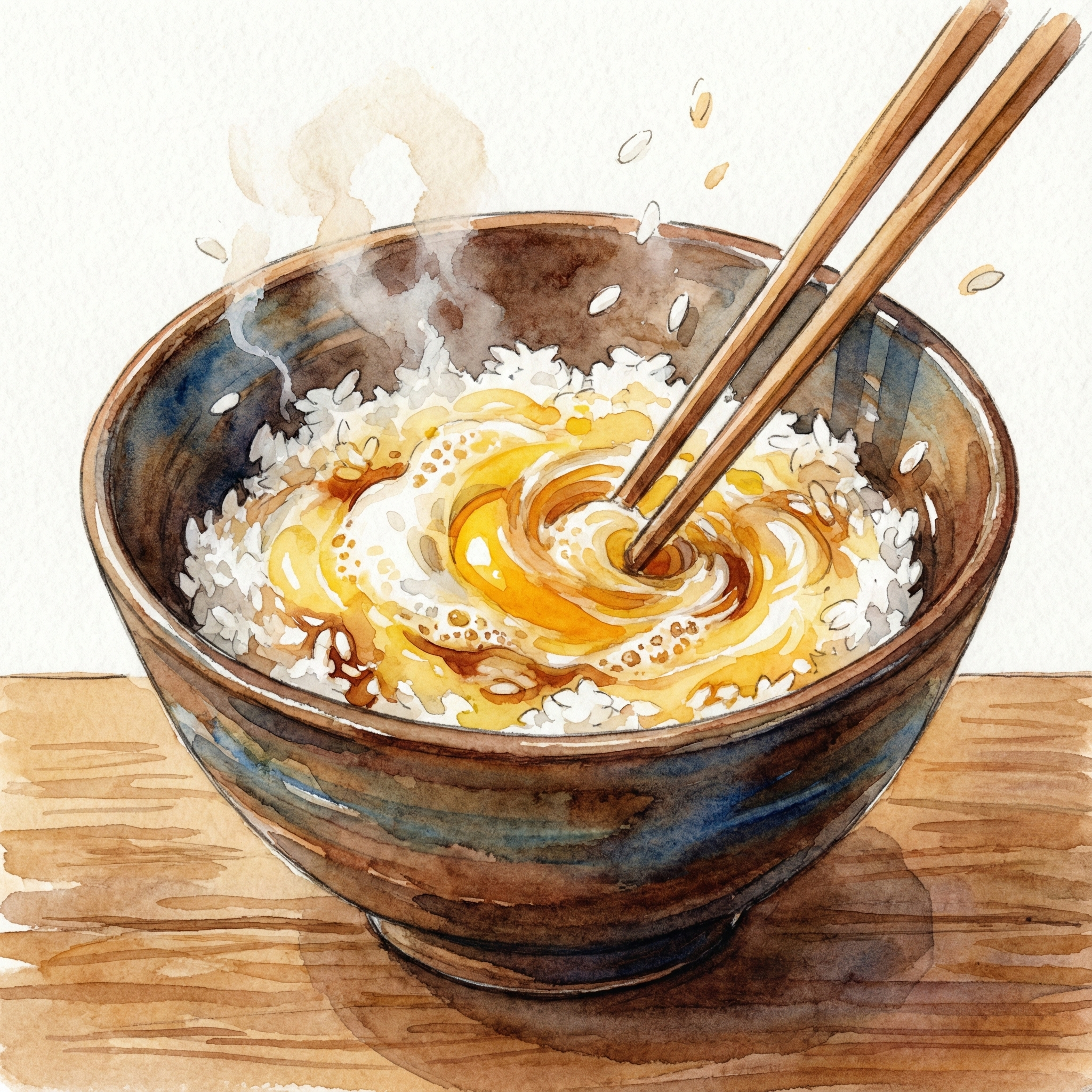 Illustration of mixing a TKG in a deep Japanese rice bowl