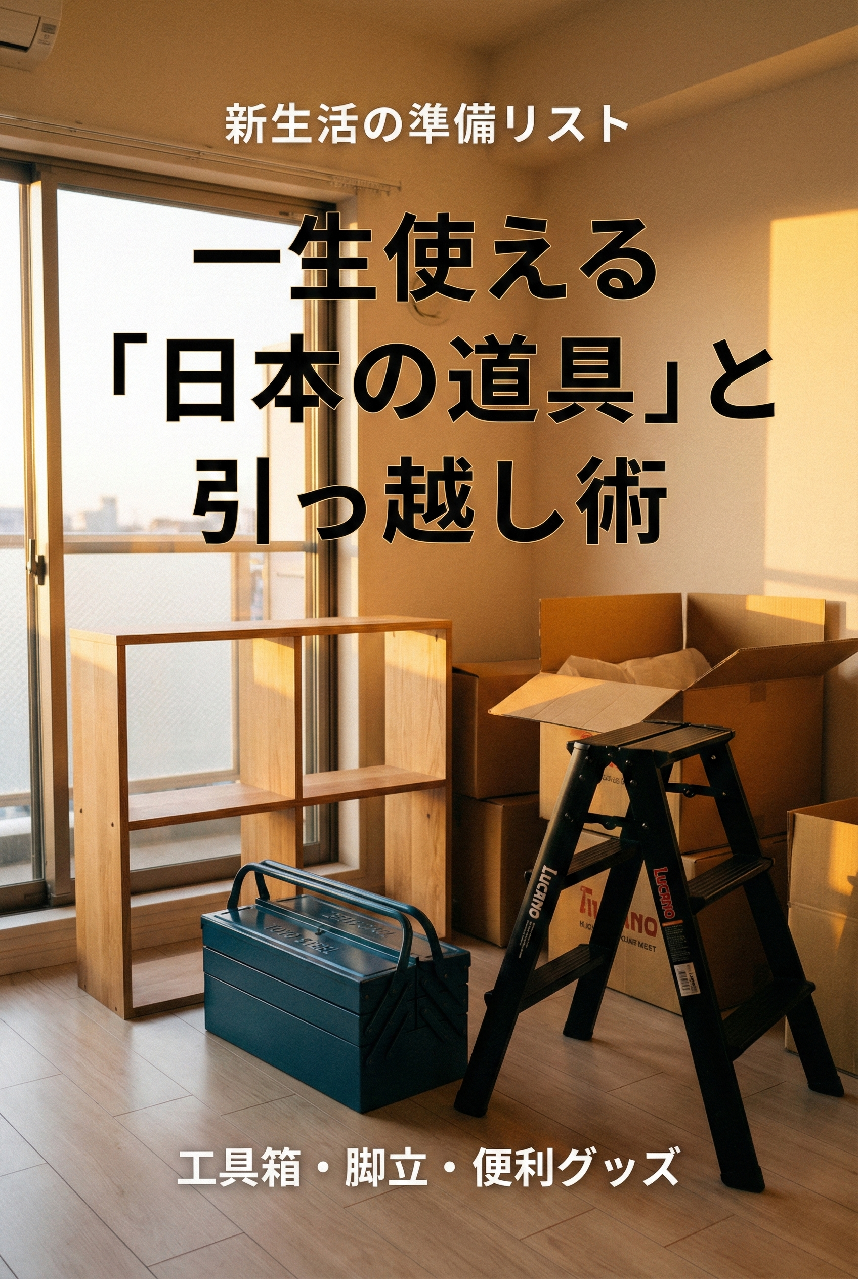 A bright new room with opened moving boxes, a stylish stepladder, and a steel toolbox ready to use