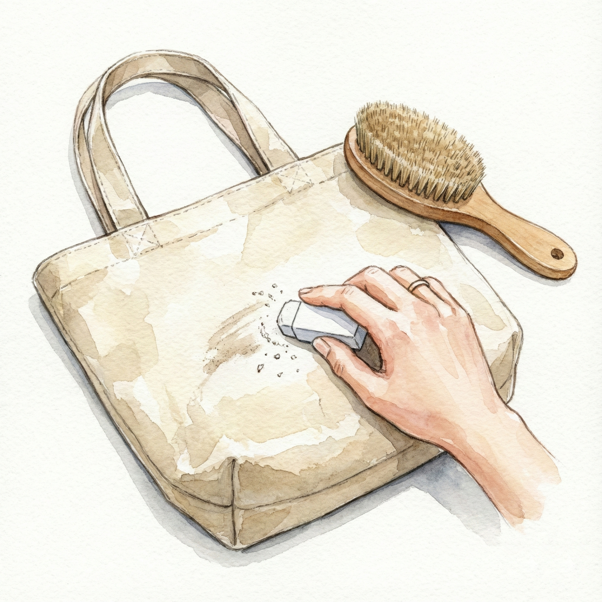Illustration showing two canvas bag care techniques: erasing a small mark with a white eraser, and brushing off surface dust with a stiff brush