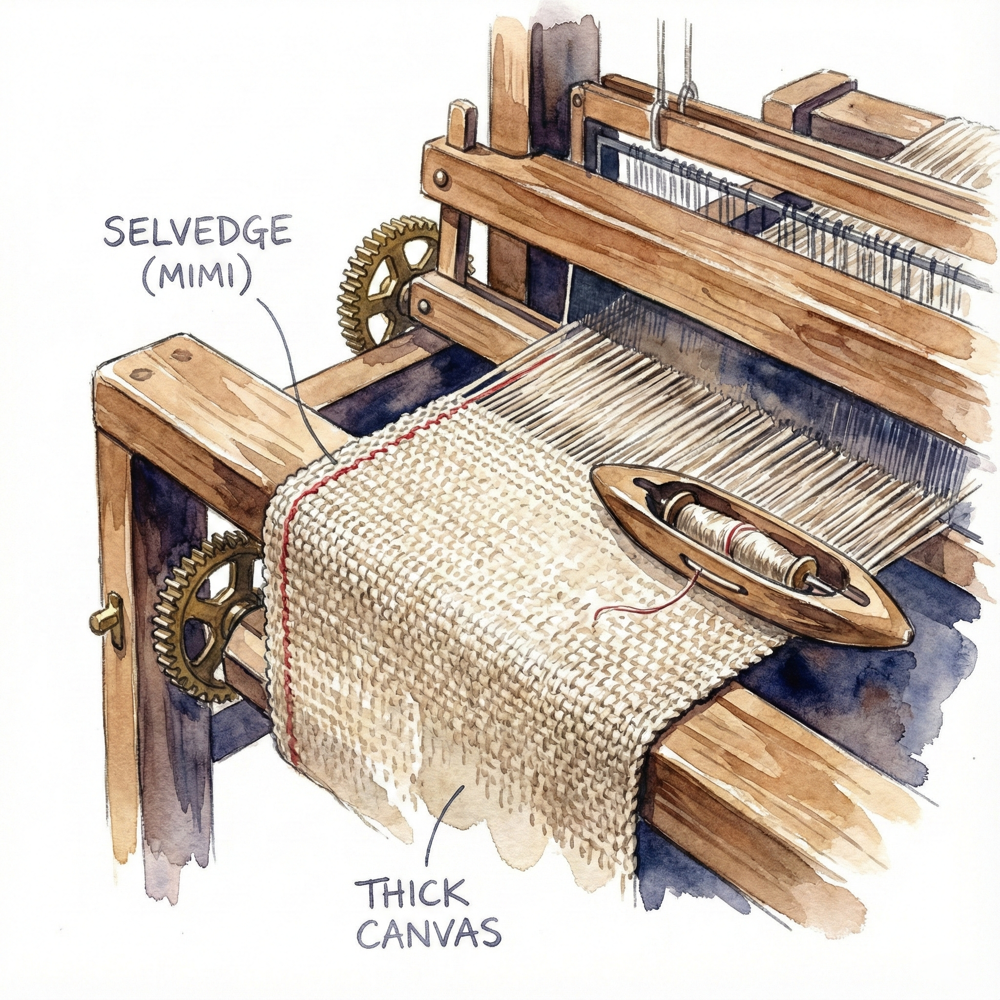Illustration of a shuttle loom running in a Kurashiki workshop, with a close-up of the selvedge edge on the finished canvas fabric
