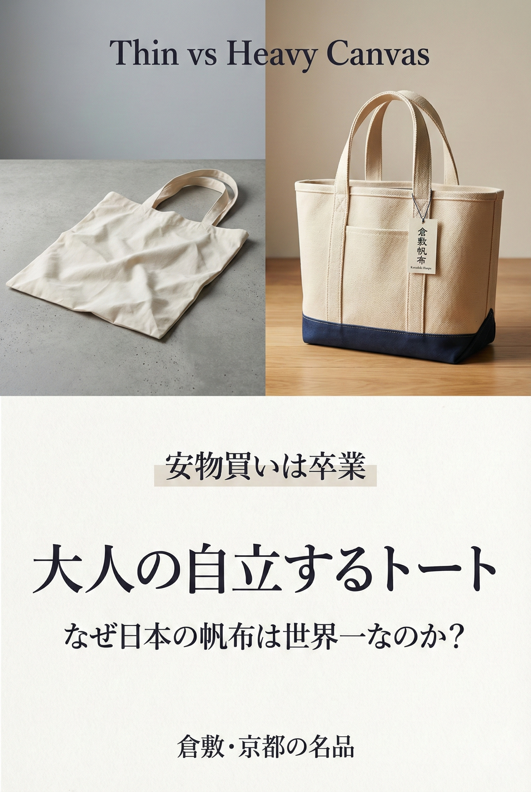 Side-by-side of a new stiff Japanese canvas tote and one that has been used for years — softened, shaped, and marked with the character of daily life