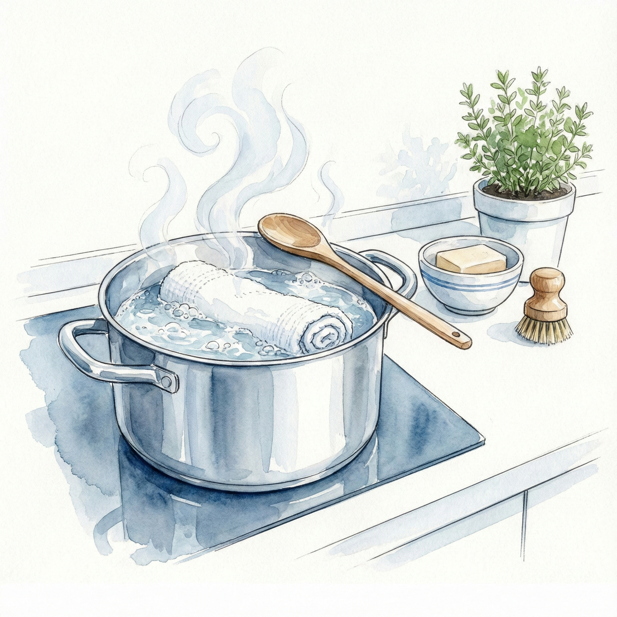 Illustration of a towel being boil-washed in a pot for disinfection