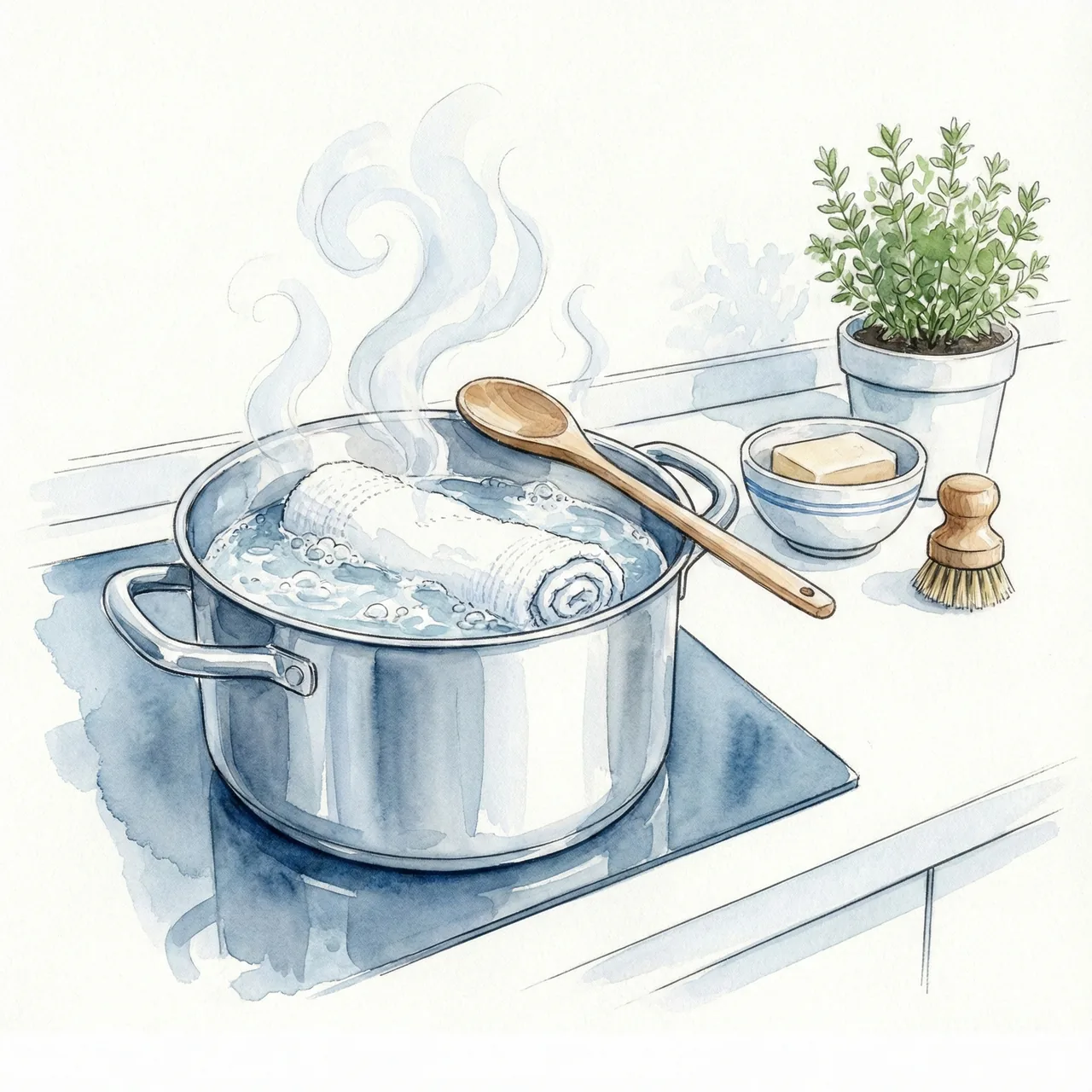 Illustration of a towel being boil-washed in a pot for disinfection