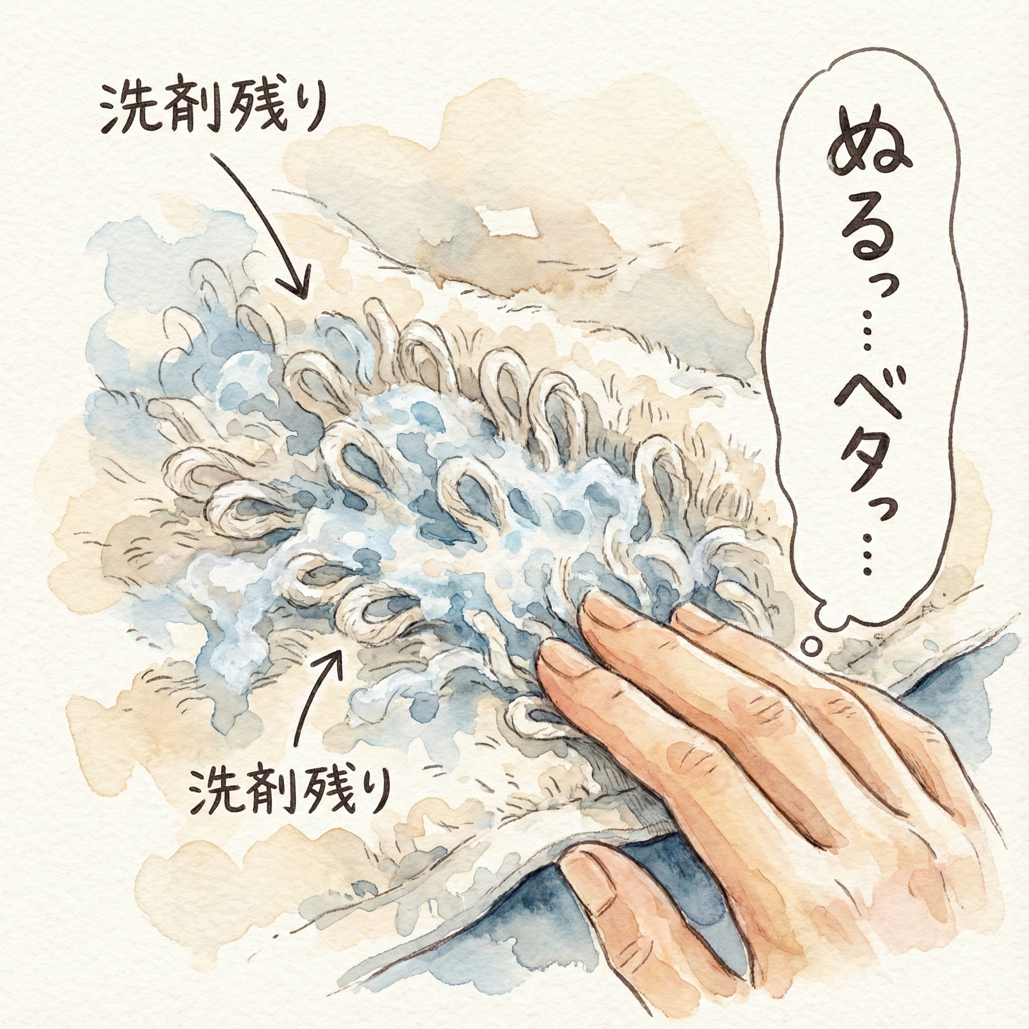 Illustration of detergent and softener residue coating towel pile loops, causing stiffness