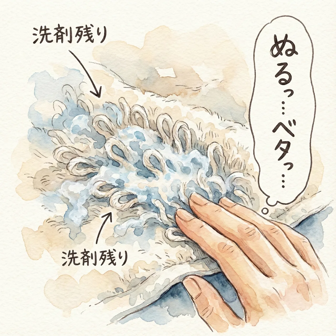 Illustration of detergent and softener residue coating towel pile loops, causing stiffness