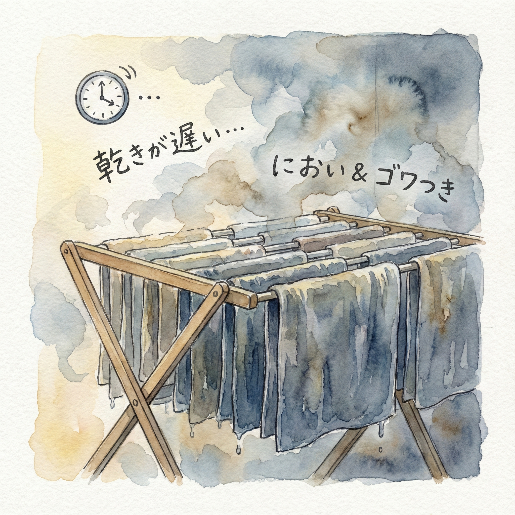 Illustration of towels hung indoors drying slowly in humid conditions, causing odor and stiffness