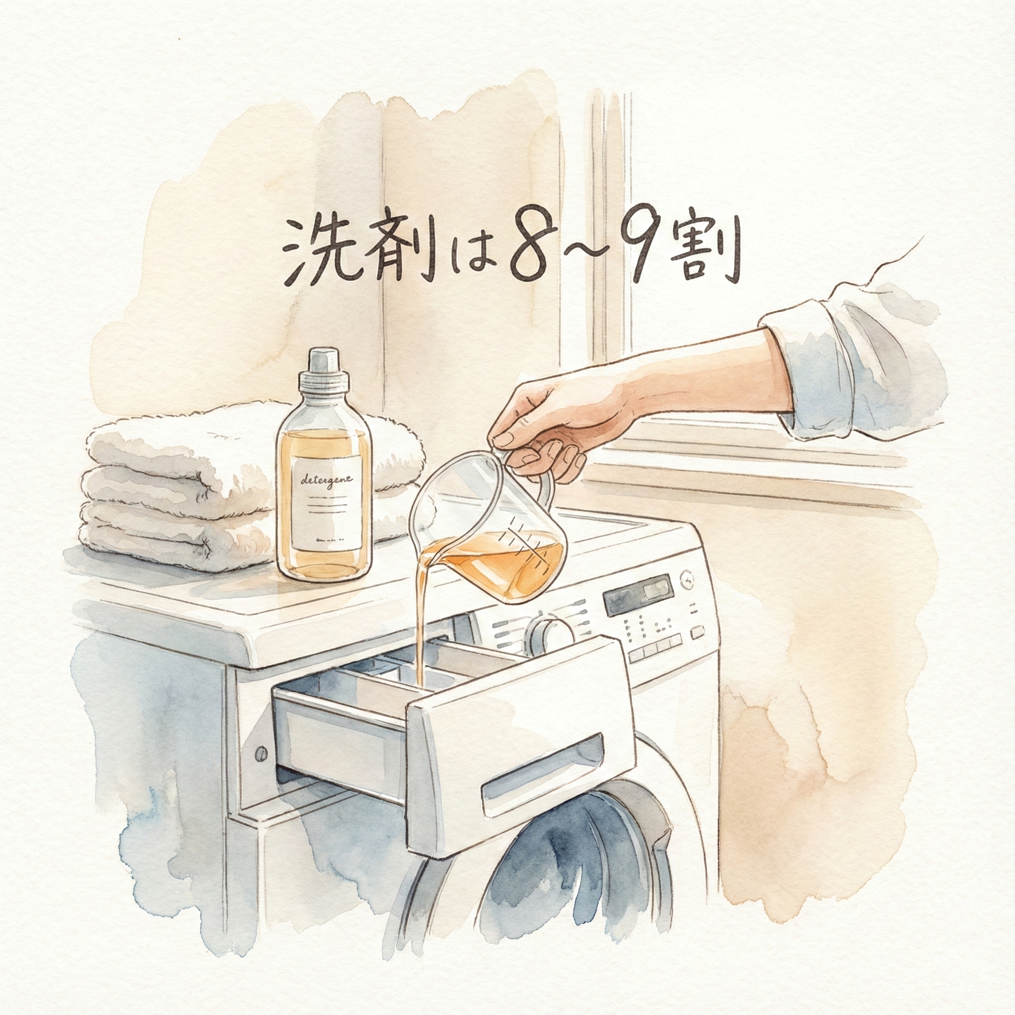 Illustration showing the correct measured amount of detergent — less than the cap line