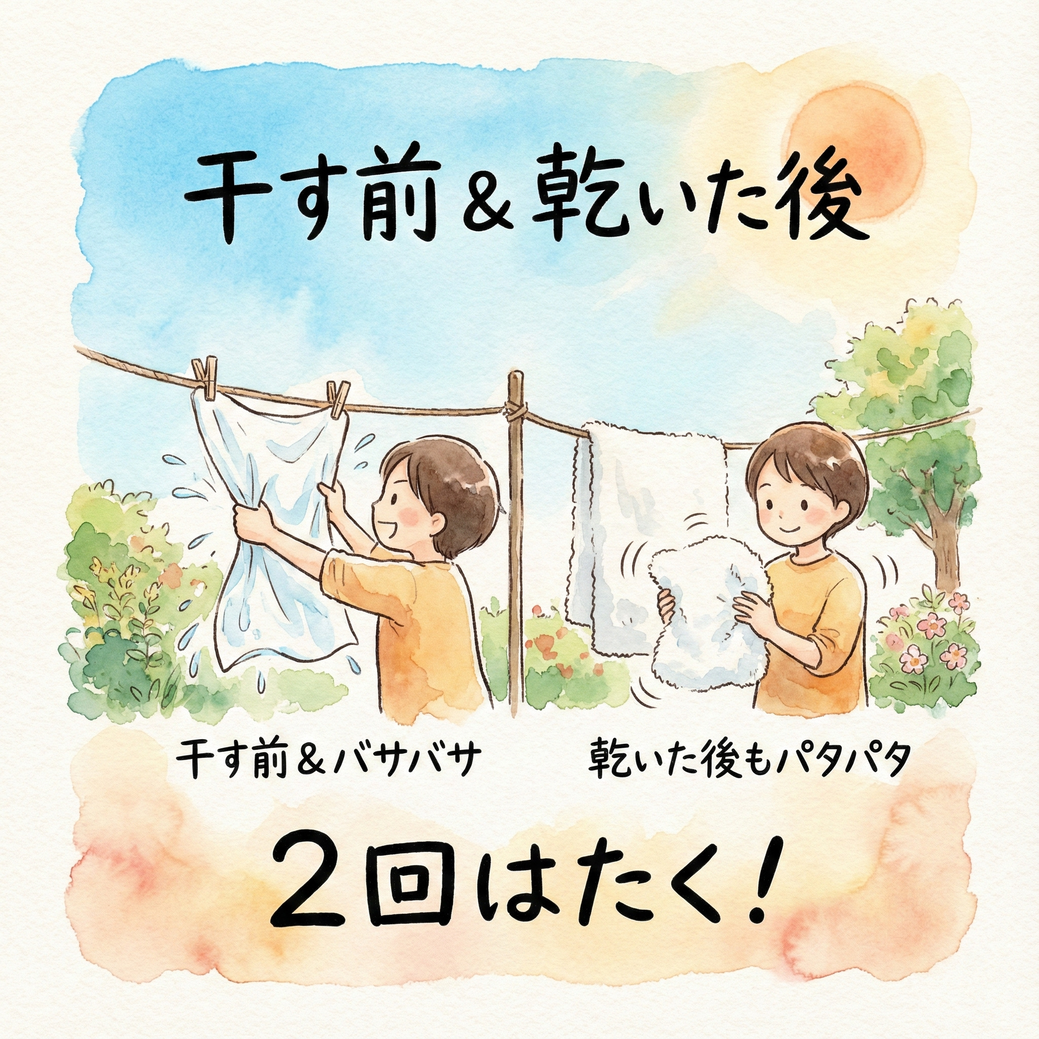 Illustration of shaking a towel before hanging and again when taking it down after outdoor drying