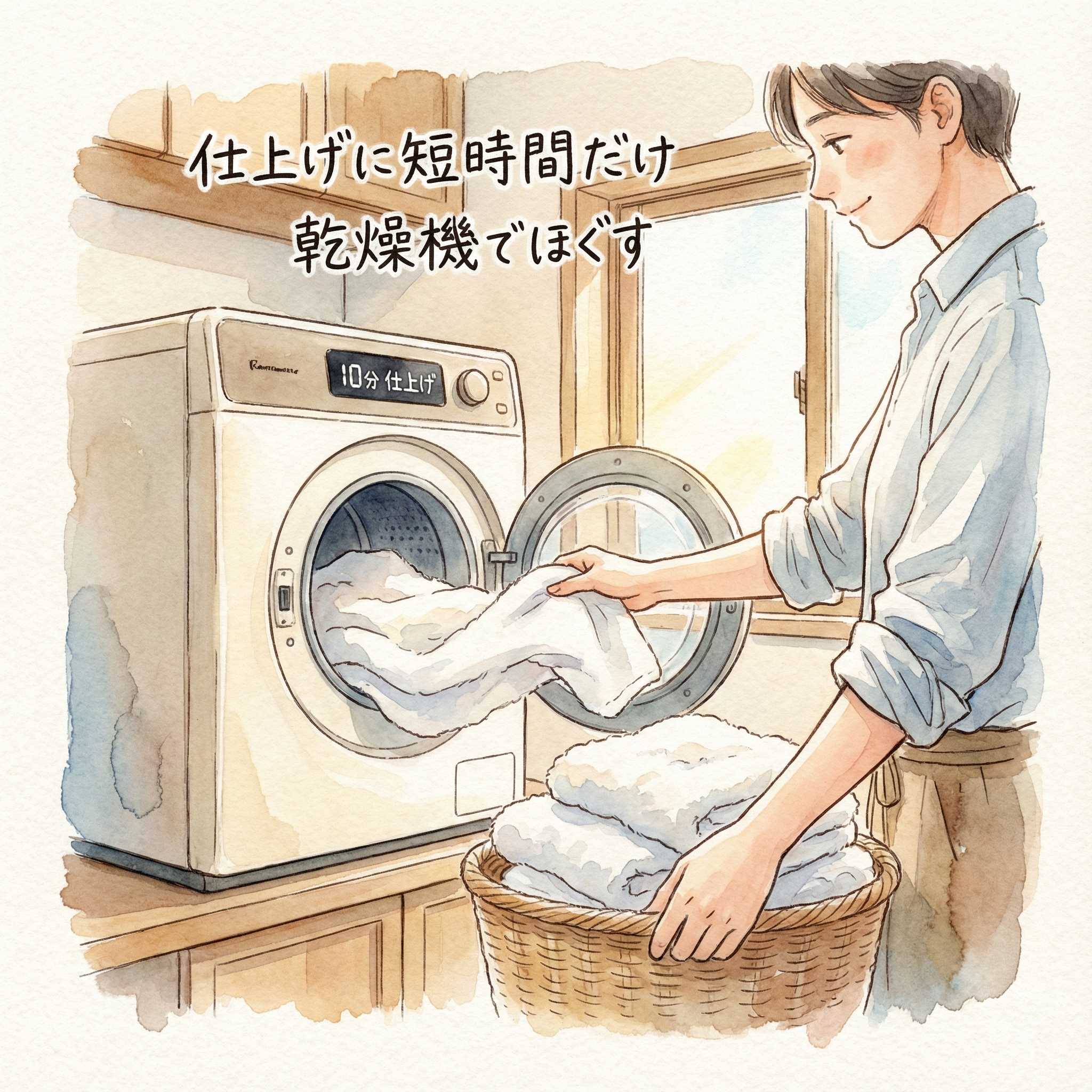 Illustration of putting outdoor-dried towels in a dryer for a short finishing tumble