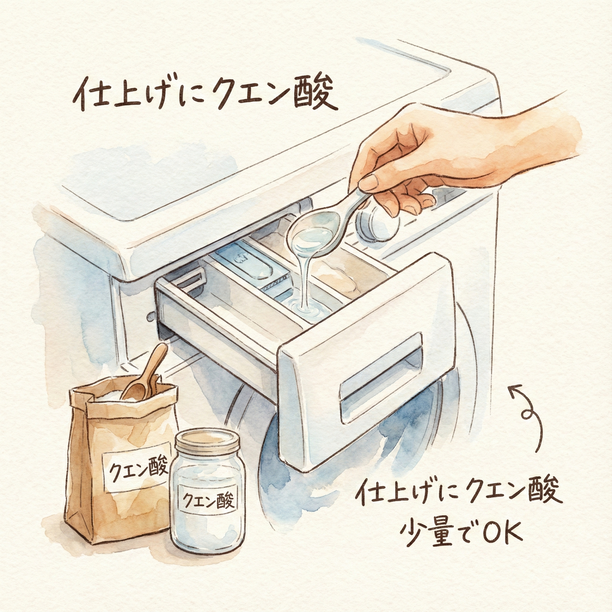Illustration of adding citric acid to the final rinse cycle as a natural softening agent
