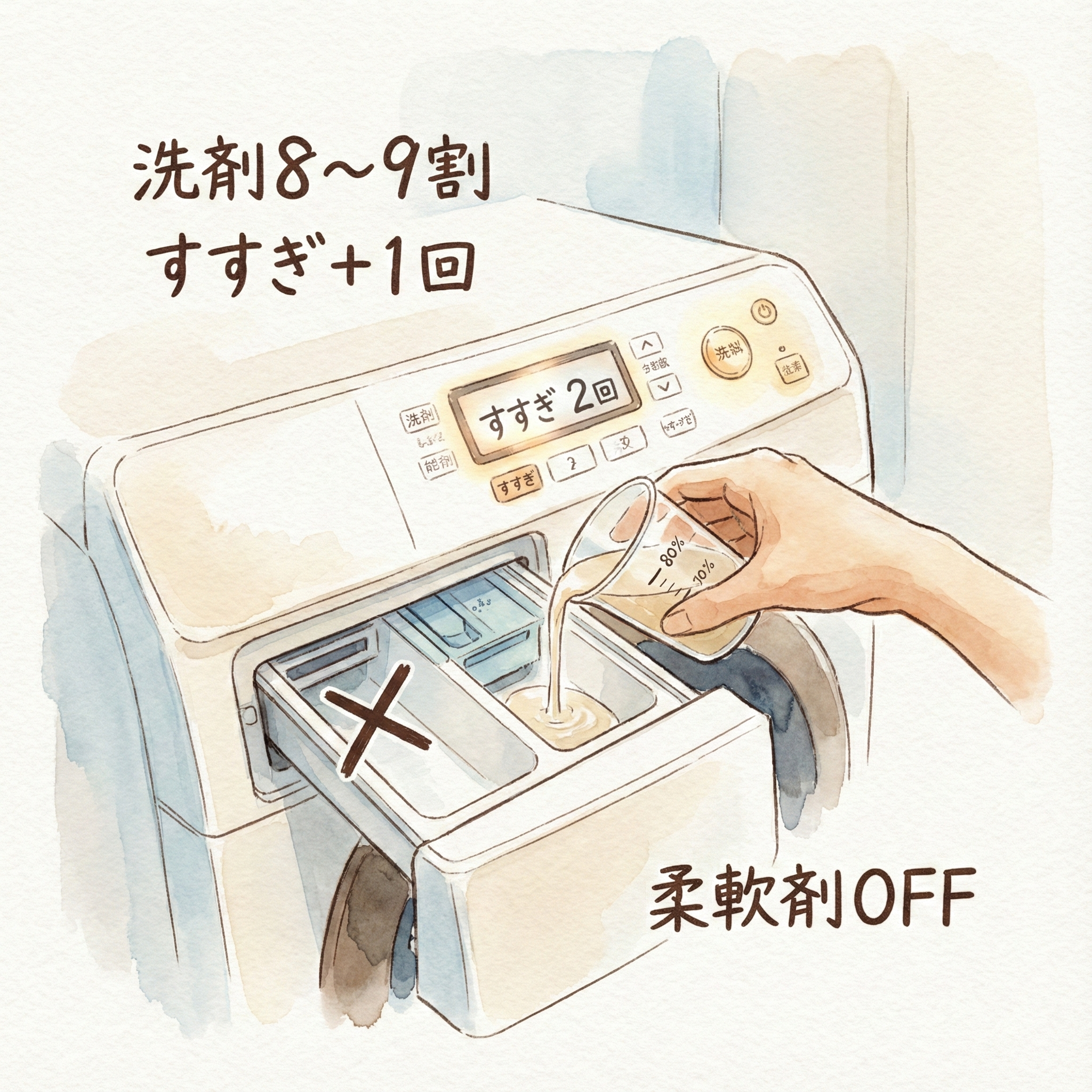 Illustration of the indoor-drying towel washing steps: reduced detergent and extra rinse