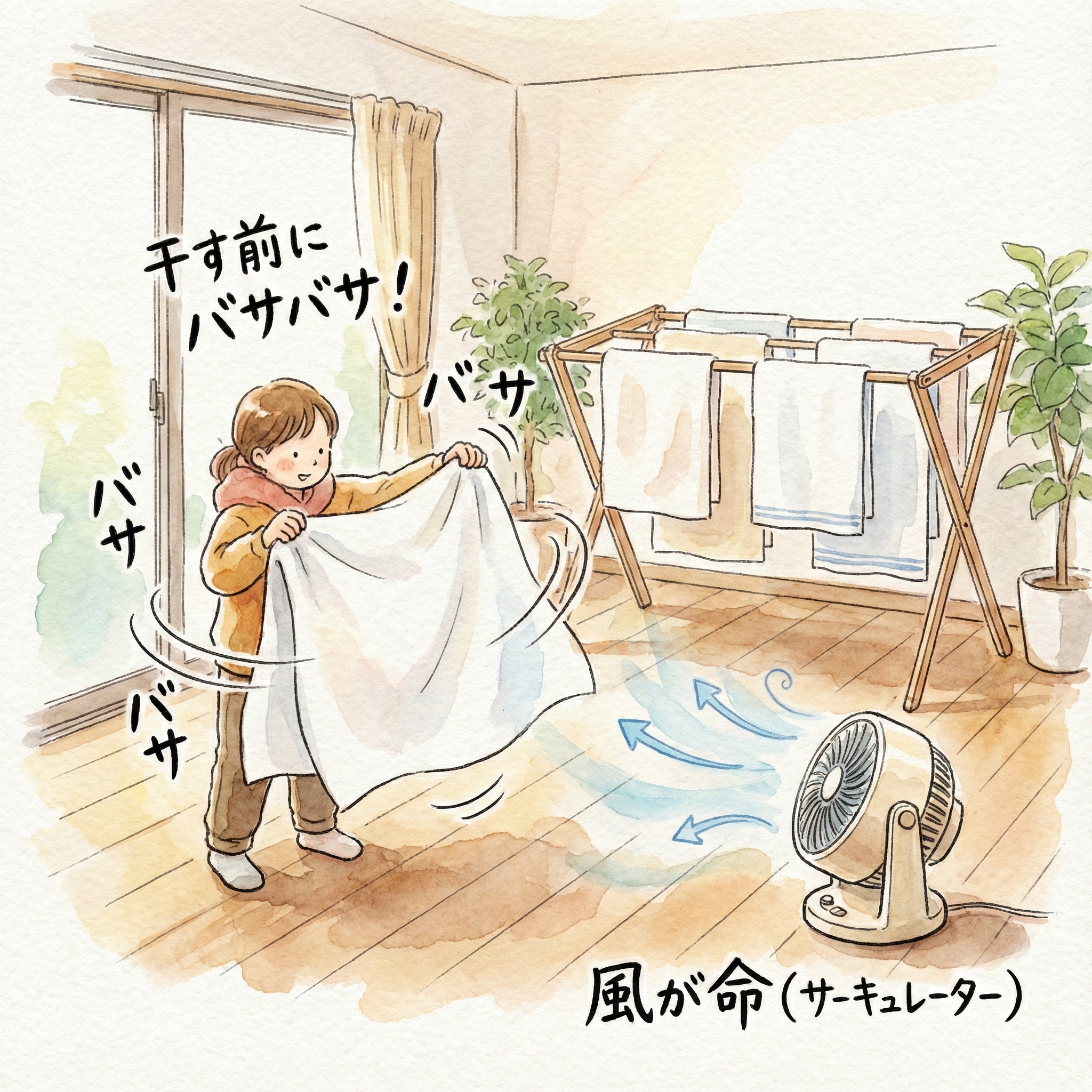Illustration of shaking a towel vigorously before hanging and using a circulator fan for indoor drying