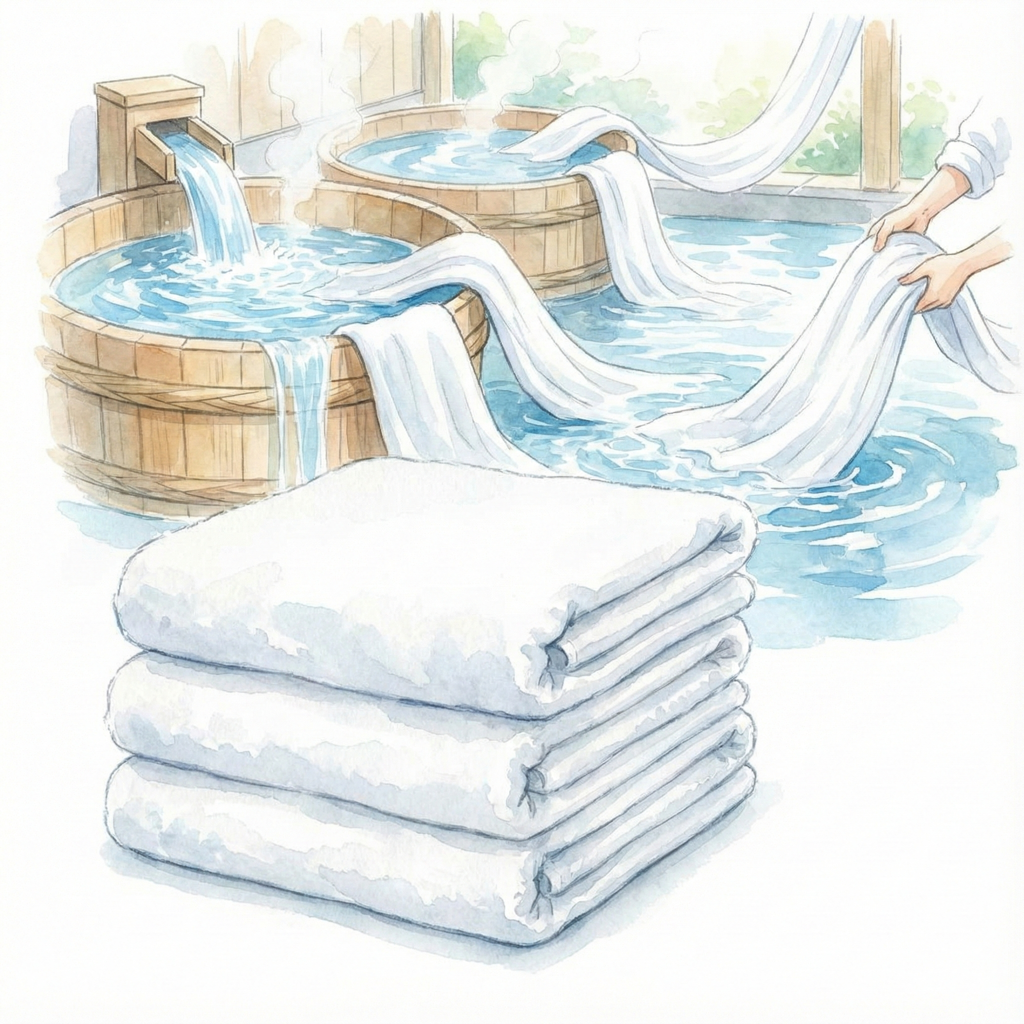 Clean white Senshu towel and illustration of the post-weave washing process